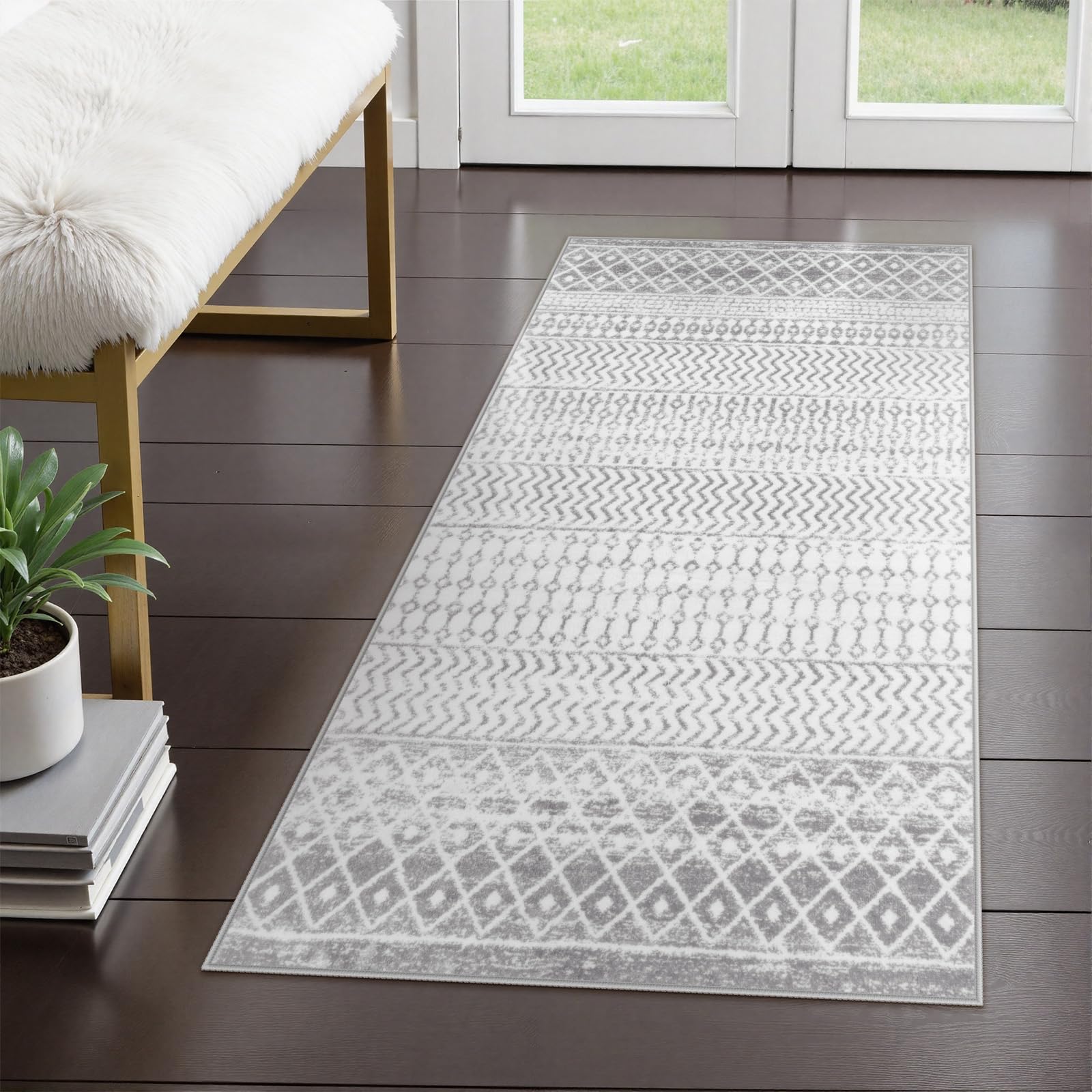 Moroccan Washable Rugs, 2x3 Light Grey Rug Non-Slip Small Distressed Entryway Rugs, Soft Low-Pile Bedroom Rug Indoor Doormat Carpet for Entryway Kitchen Bathroom