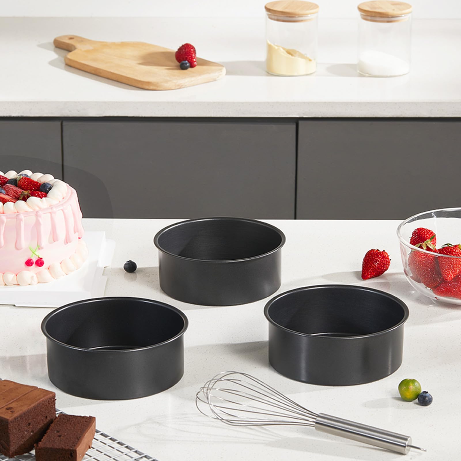 HONGBAKE 8x8 Cake Baking Pan Set, Nonstick Square Brownie Pans with Wider Grips, 2 Pieces, Heavy Duty, Grey