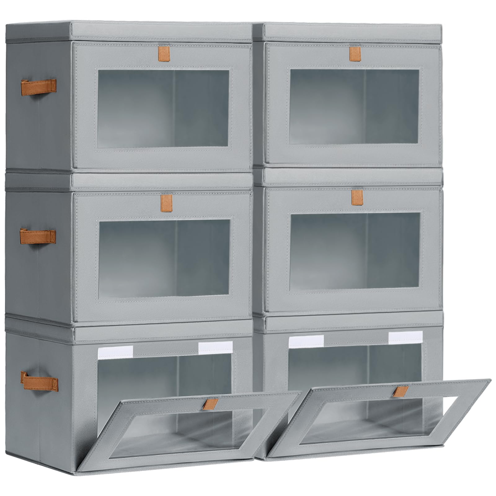 Homsorout Large Storage Bins with Lids - Fabric Collapsible Closet Storage Organizer with Window & Handles, Stackable Decorative Storage Boxes for Clothes, Blankets, Sweaters, 6 Pack, Beige
