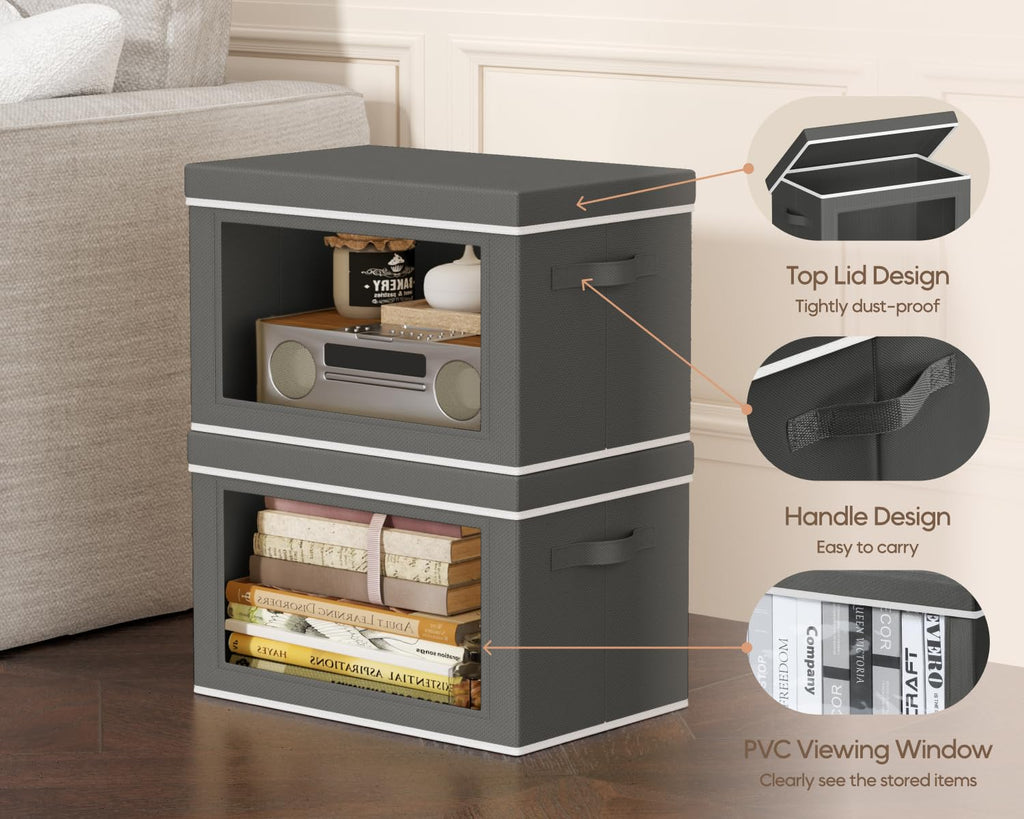 Homsorout Collapsible Storage Bins with Lids - Stackable Storage Containers with Window, 6 Pack Fabric Organizing Bins for Closet, Home & Office Organization Baskets, Beige, 14.9" x 9.8" x 9.8"