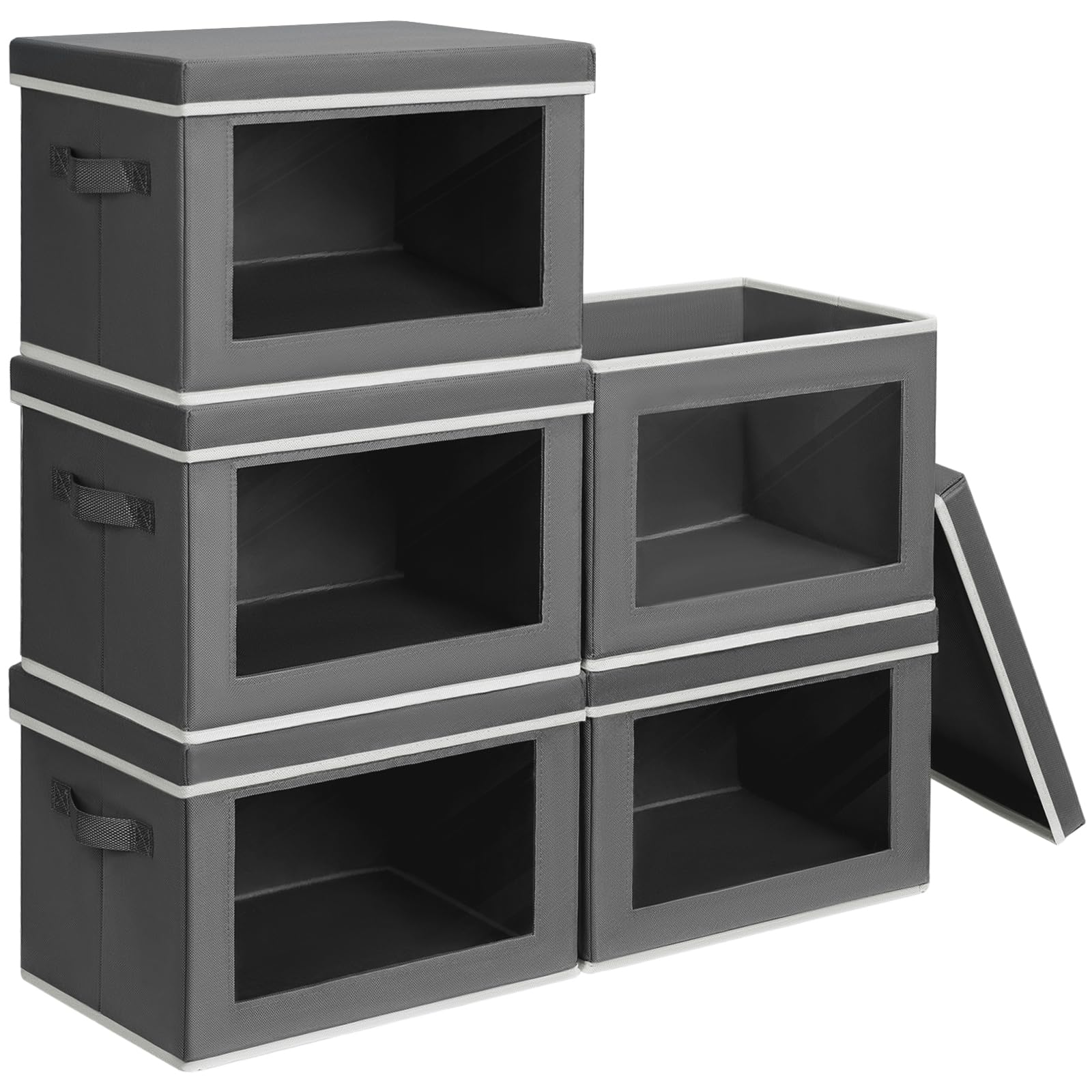 Homsorout Storage Bins with Lids - Fabric Storage Boxe with Window, Collapsible Closet Organizers with Handles, 3 Pack Decorative Bin, Home Cubes Baskets for Clothes, Hat, Books, Dark Grey