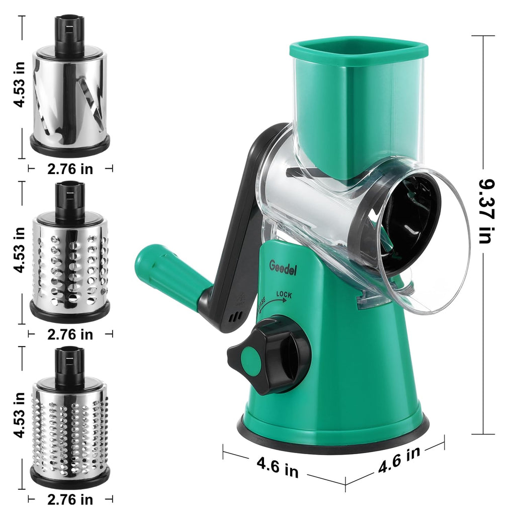Geedel Rotary Cheese Grater, Kitchen Mandoline Vegetable Slicer with 3 Interchangeable Blades, Easy to Clean Rotary Grater Slicer for Fruit, Vegetables, Nuts