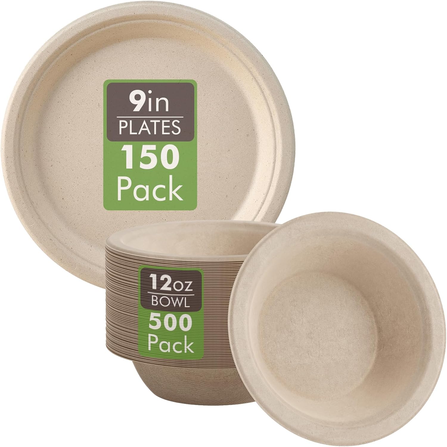 Vplus 150 Pack Compostable Disposable Paper Plates 9 inch and 500 Pack 12 OZ Paper Bowls