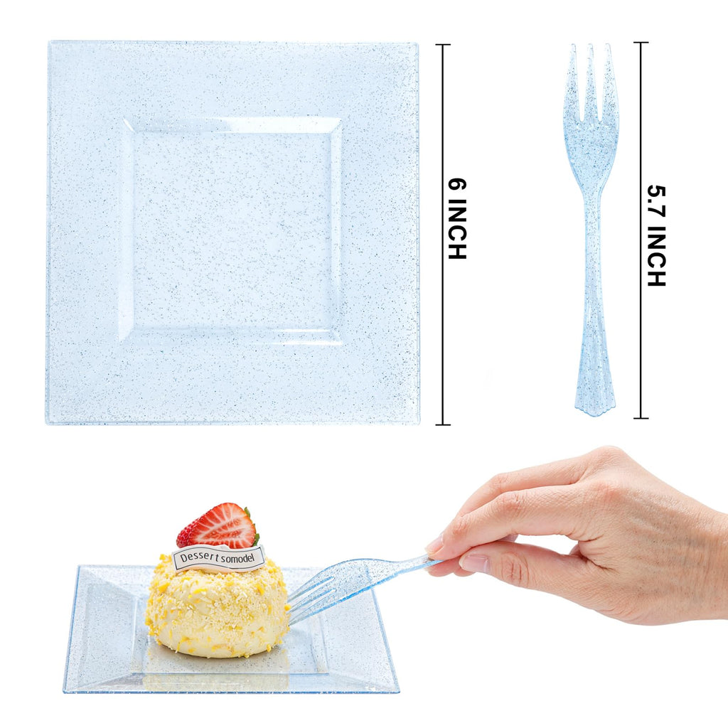 DaYammi 200Pcs Gold Dessert Plates Including 100Pcs Appetizer Plates 6",100Pcs Plastic Forks 5.7",Gold Glitter Plastic Square Plate for Party,Gold Salad Plate and Cake Forks for Party Wedding