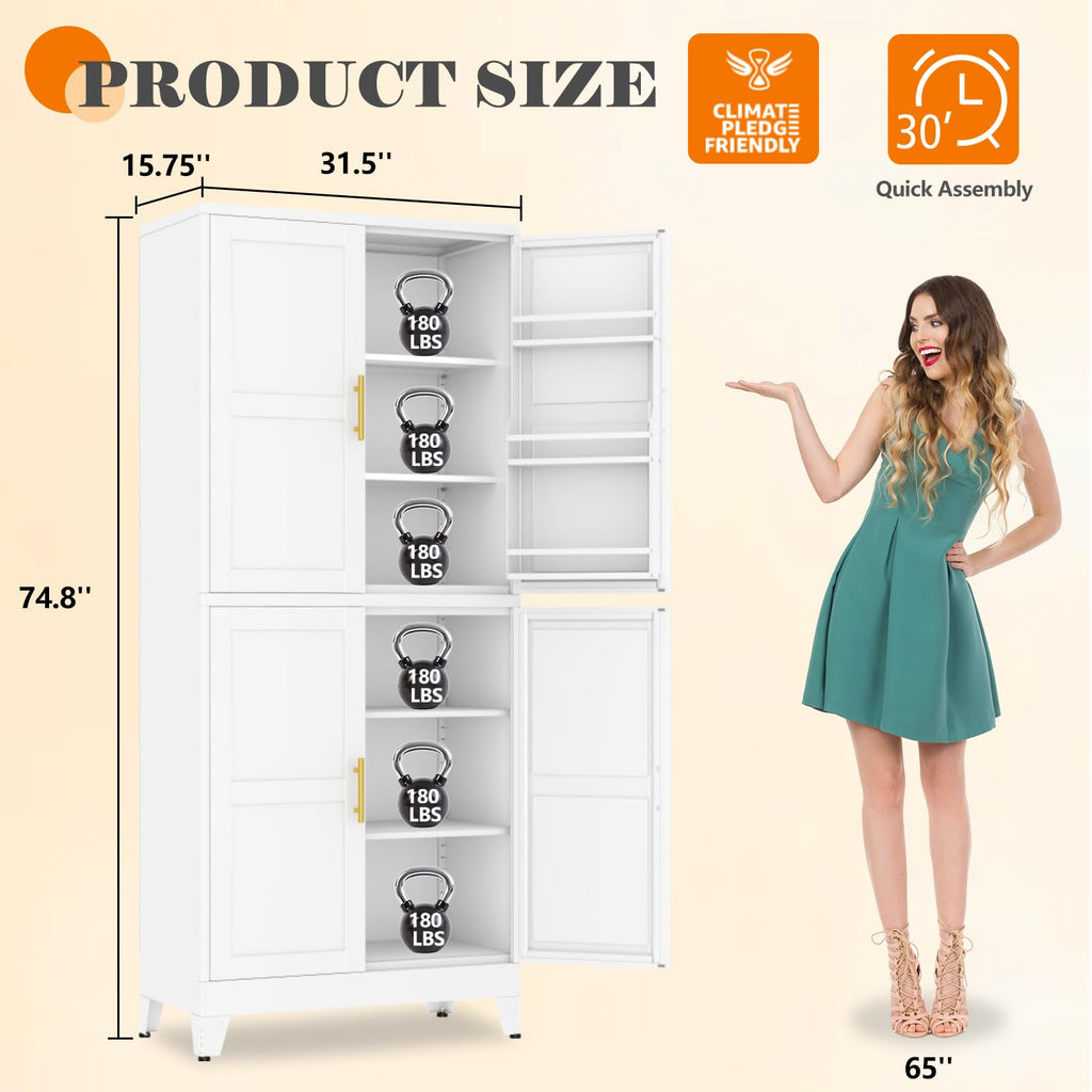 GAIOUS Metal Pantry Cabinet, Kitchen Pantry Storage Cabinets with 2 Door and 3 Adjustable Shelves, White Kitchen Pantry Cabinet, Freestanding Cupboard for Dining Room Living Room Bathroom