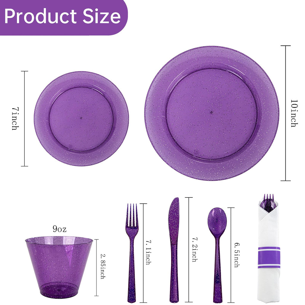 DaYammi 350PCS Gold Plastic Dinnerware Set for 50 Guests, Fancy Disposable Plates for Party, Include: 50 Dinner Plates, 50 Dessert Plates, 50 Pre Rolled Napkins with Gold Silverware, 50 Cups