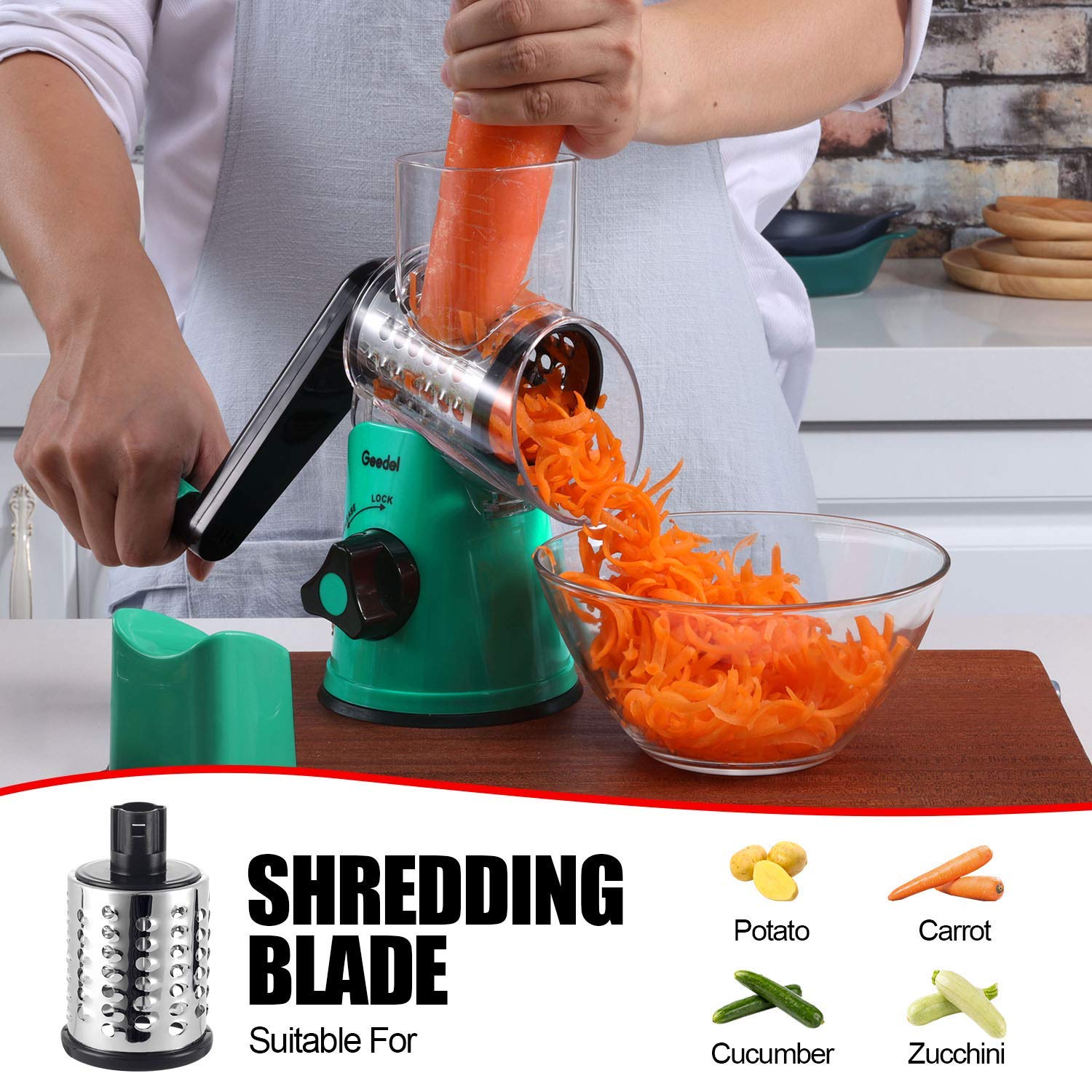 Geedel Rotary Cheese Grater, Kitchen Mandoline Vegetable Slicer with 3 Interchangeable Blades, Easy to Clean Rotary Grater Slicer for Fruit, Vegetables, Nuts
