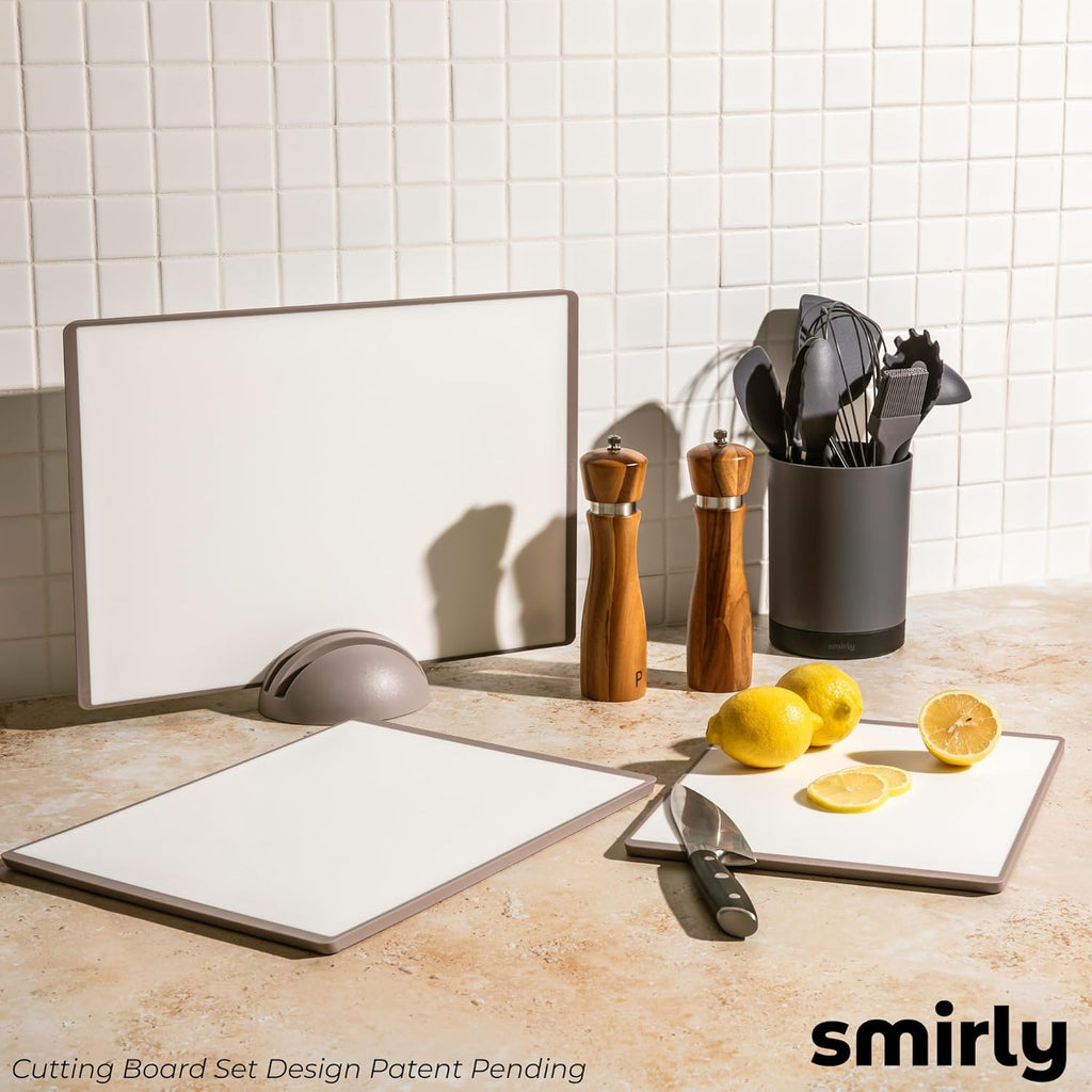SMIRLY Plastic Cutting Board Set with Holder 3 Pieces, Non-Slip Dishwasher Safe Chopping Boards for Kitchen, Grey & White
