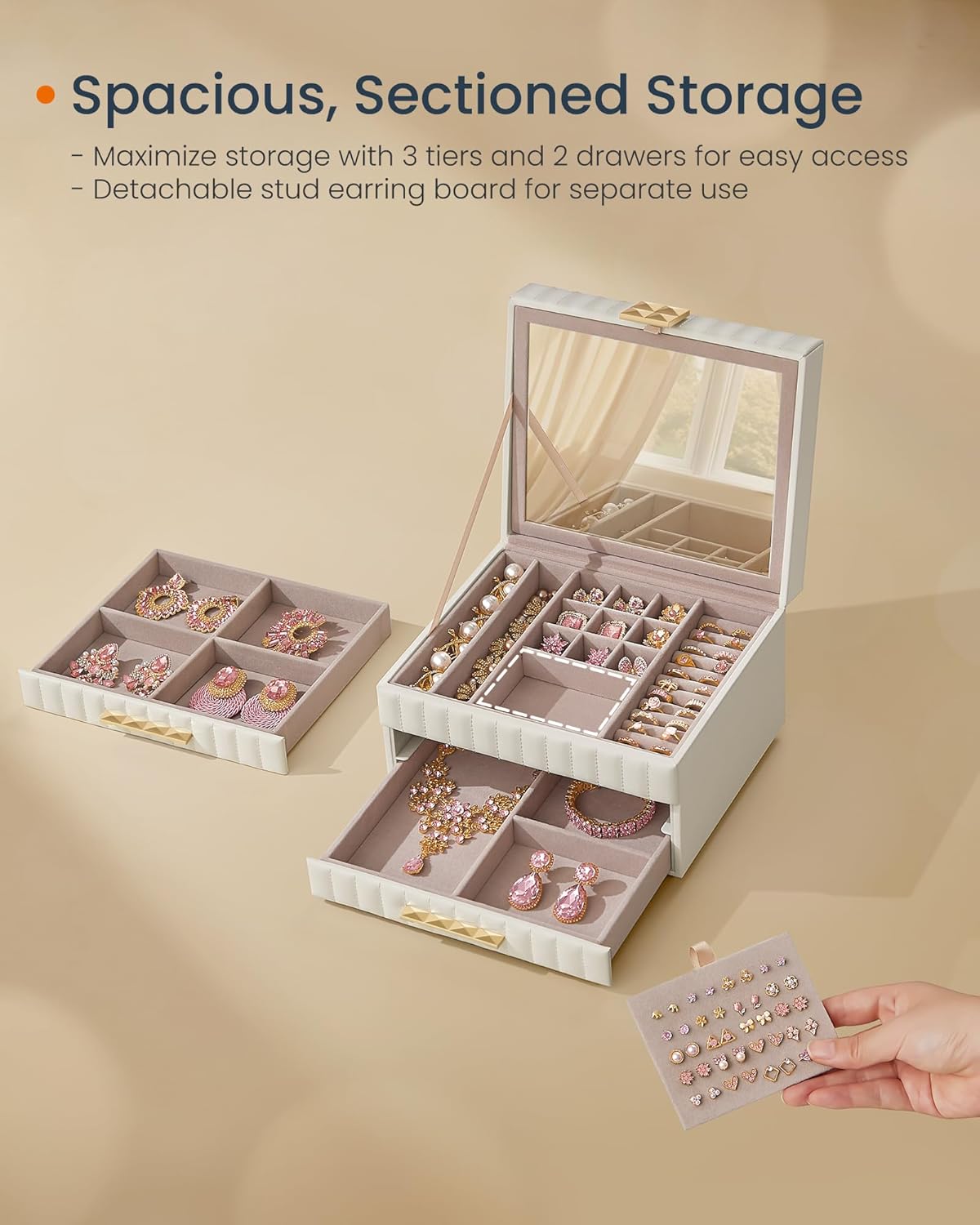 SONGMICS HOME 3-Tier Jewelry Box with Mirror, Jewelry Organizer with 2 Drawers, PU Surface with Stitching, Floating Effect, 8.5 x 9.4 x 6.2 Inches, Cloud White, ANAH Collection UJBC183W01