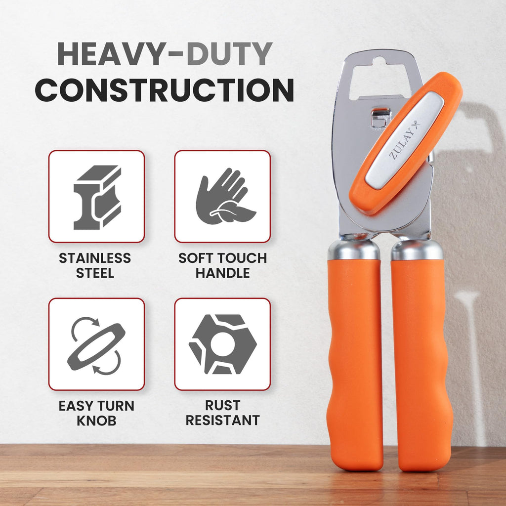 Zulay Kitchen COMFY™ Can Opener Manual with Bottle Opener - Rust Proof Stainless Steel Manual Can Opener With Turn Knob & Comfy Soft Grip Handles - Black