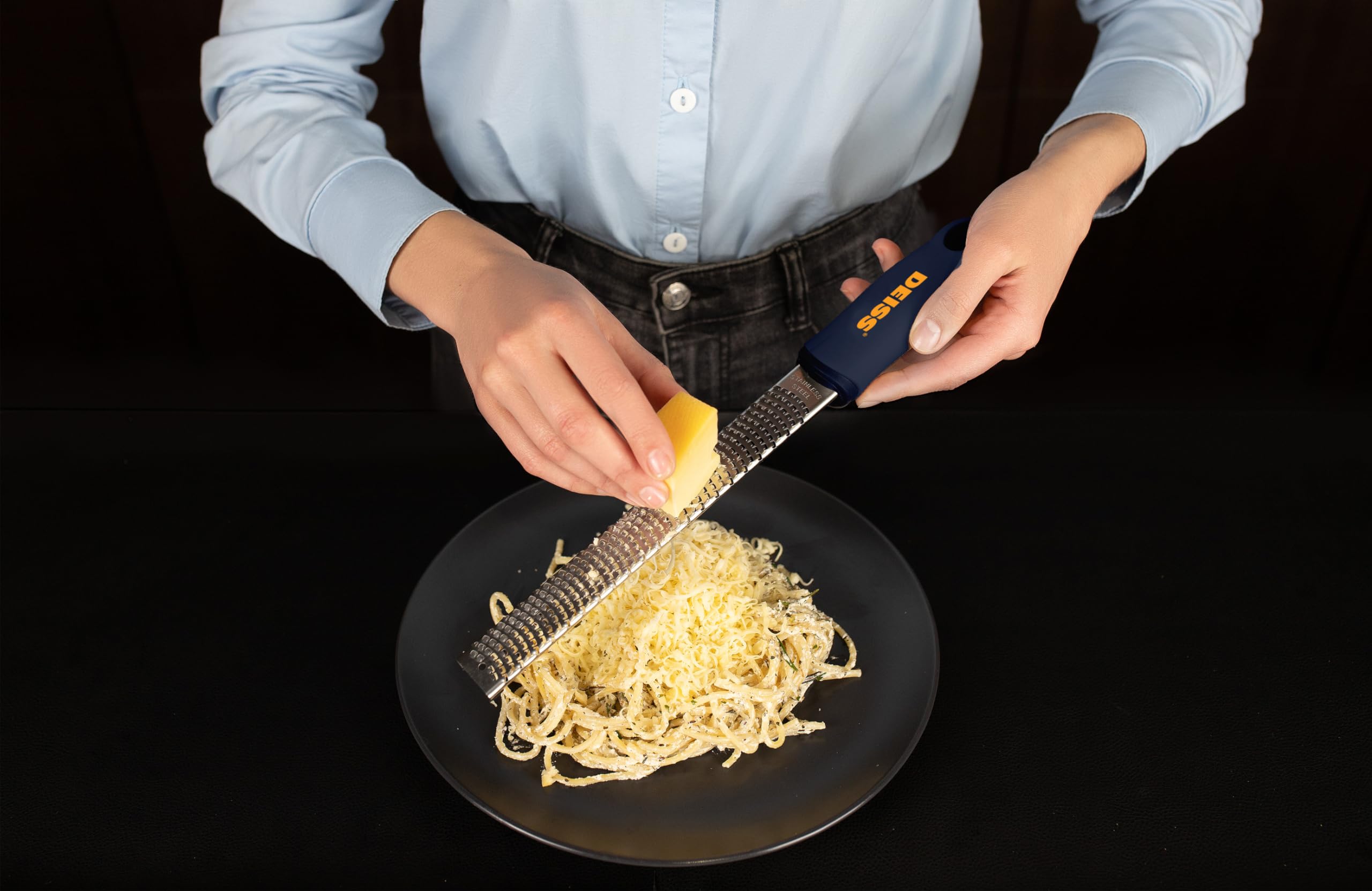 Deiss PRO Citrus Zester & Cheese Grater — Parmesan Cheese Lemon, Ginger, Garlic, Nutmeg, Chocolate, Vegetables, Fruits - Razor-Sharp Stainless Steel Blade, Wide, Dishwasher Safe