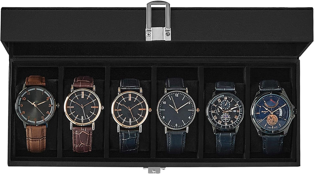 SONGMICS Watch Box, 6-Slot Watch Case Organizer with Large Glass Lid, Removable Pillows, Gift for Loved Ones, Black Synthetic Leather, Black Lining UJWB06B01