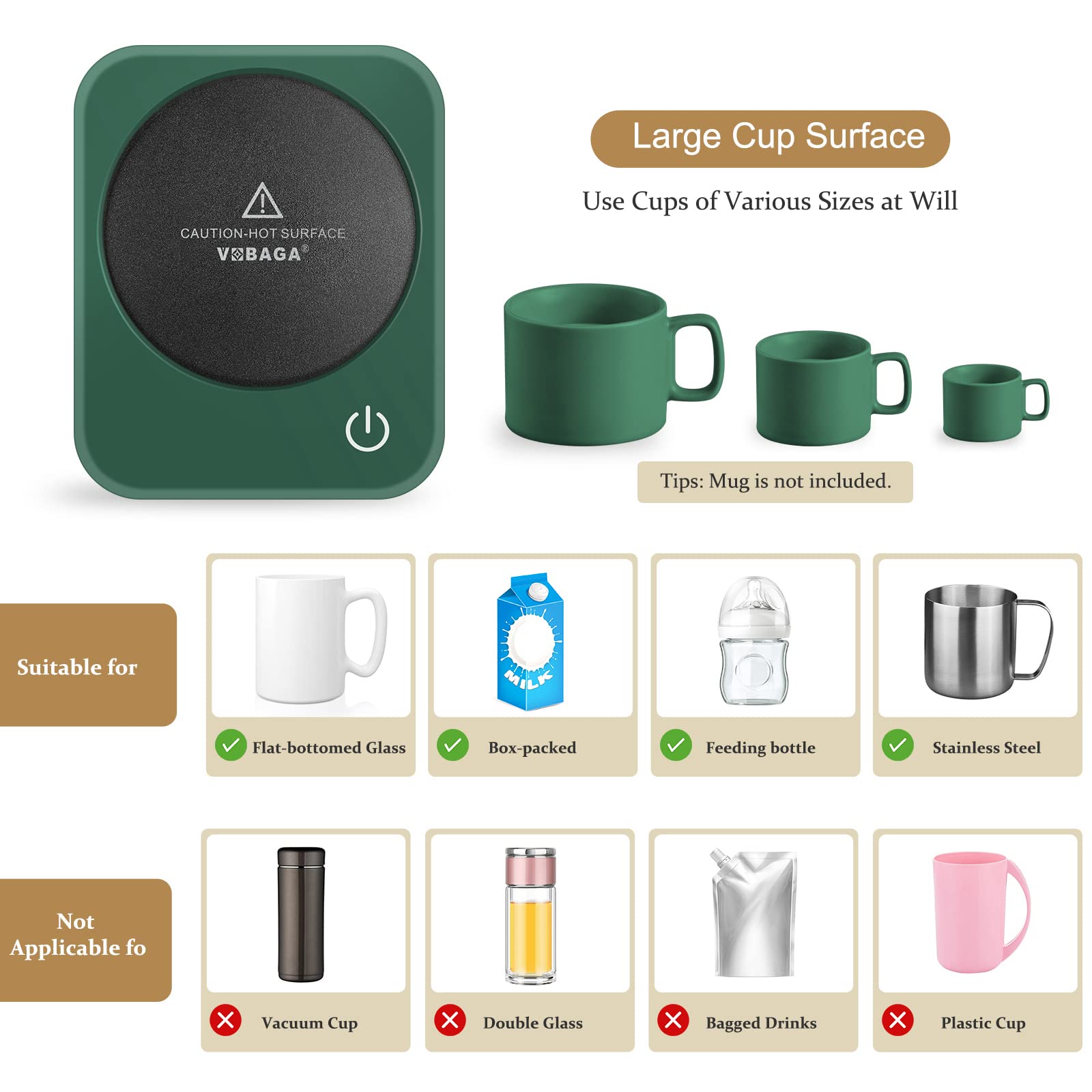 VOBAGA Coffee Mug Warmer for Desk with Auto Shut Off & 3-Temp Settings, Coffee Cup Warmer with Smart Safety Alert Home Office Accessory, Perfect for Coffee, Tea, Milk (Mug for Display)