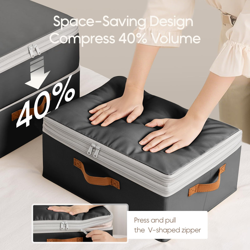 Homsorout Large Closet Storage Bins - Compression Organizer Bins, Stackable Closet Organizer, Expandable Under Bed Storage Containers for Clothes, Towels, Sheet, 2 Pack, Beige