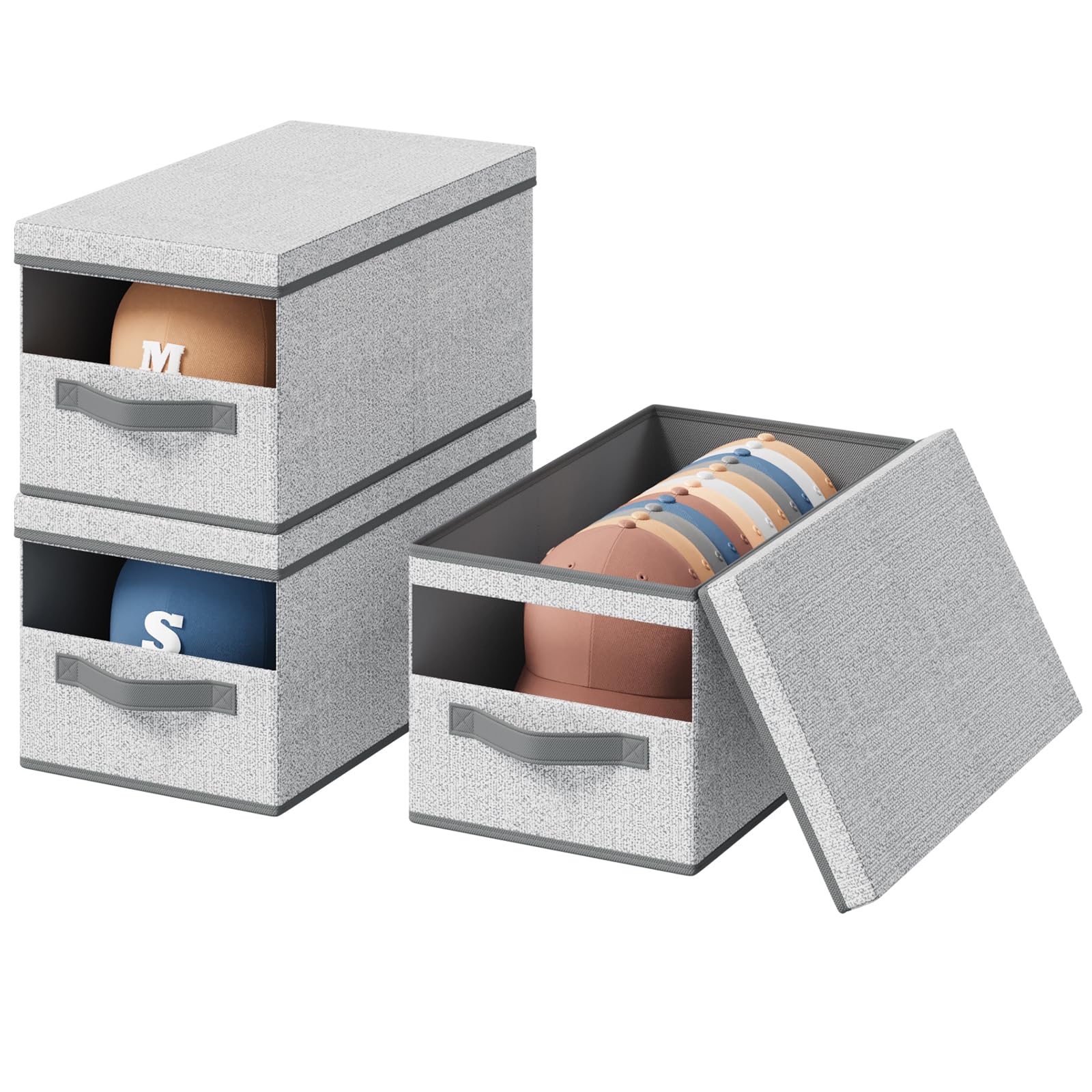 Homsorout Hat Organizer for Baseball Caps - 3 Pack Stackable Foldable Protective Lids Hat Storage Box with Clear Window Baseball cap organizer for Closet, Bedroom, Rv, Grey