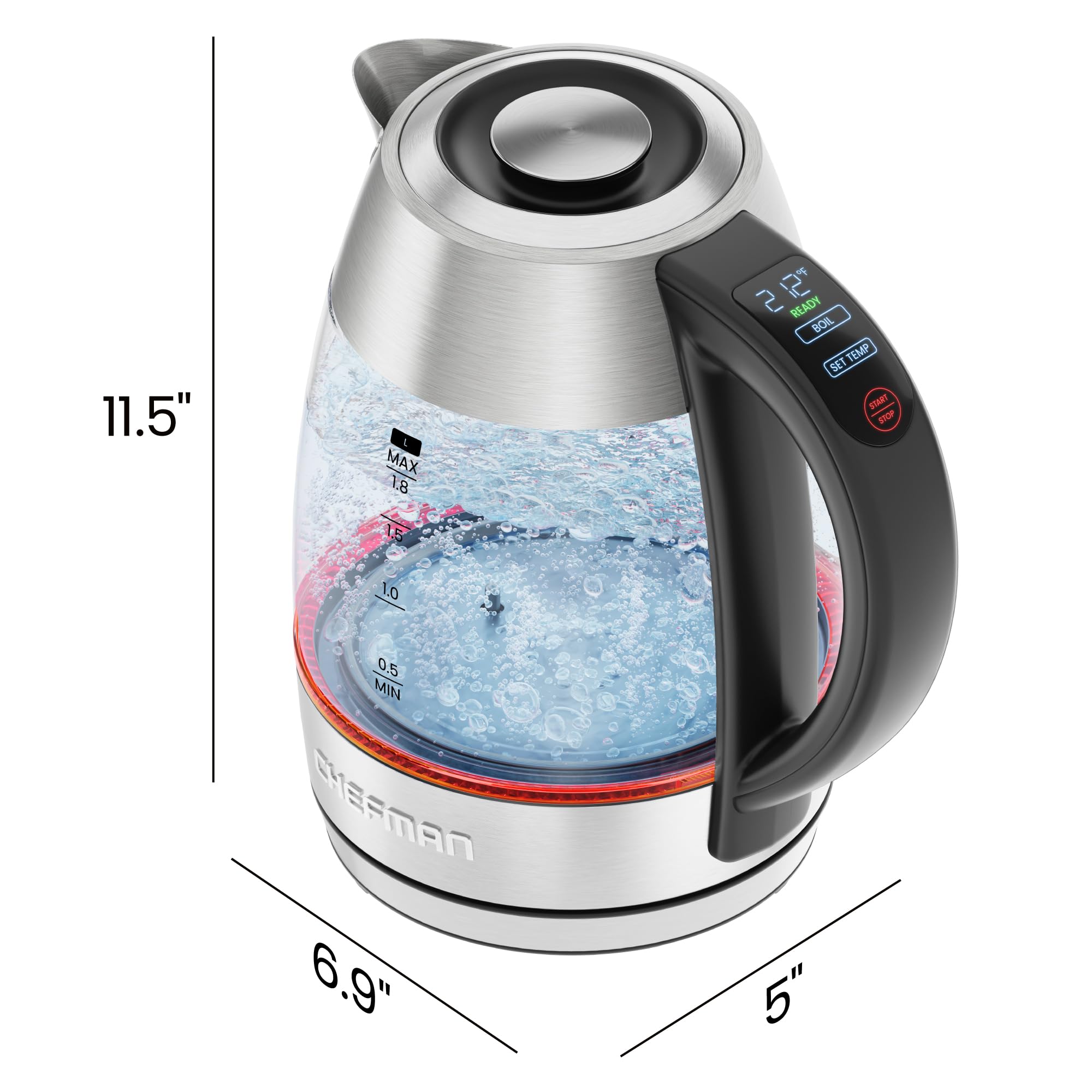Chefman Electric Kettle, 1.8L 1500W, Hot Water Boiler, Removable Lid for Easy Cleaning, Auto Shut Off, Boil-Dry Protection, Stainless Steel Filter, BPA Free, Borosilicate Glass Electric Tea Kettle