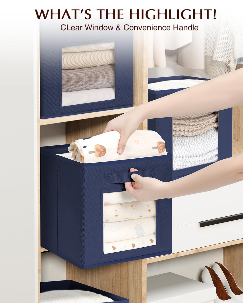 Homsorout Storage Cube 11 Inch - Cube Storage Bins with Window, Closet Storage Baskets with Handle, Fabric Bins for Closet, Shelves, Toys, Clothes, Set of 6, Grey