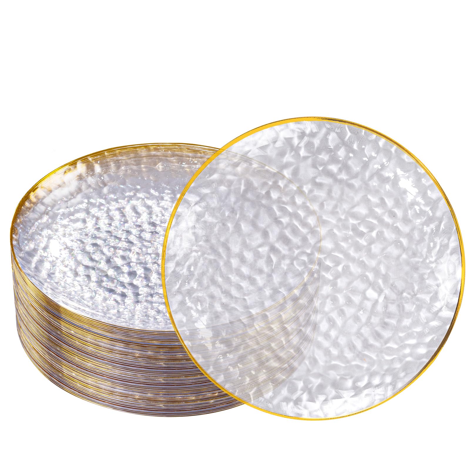 DaYammi 100 Pcs Clear Gold Plastic Plates, Hammered Party Plate, Fancy Plastic Plates Disposable Clear Disposable Dessert Platos, 7 Inch Heavy duty Plastic Dessert Platos for Party & Wedding