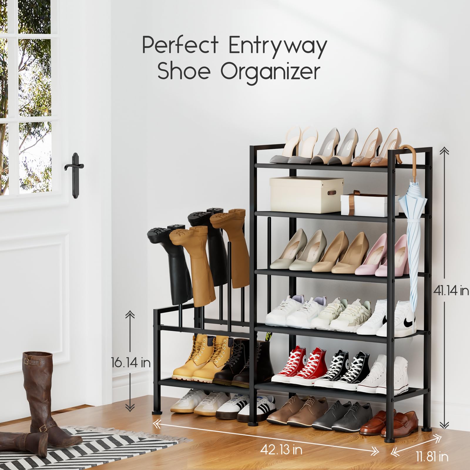 Homsorout Shoe Rack Organizer and Storage - 5 Tier Metal+Non-Woven Fabric Shoe Rack with Boot Storage & Side Any Combination - Space Saving Shoe Shelf for Entryway, Bedroom, Garage, Small Spaces
