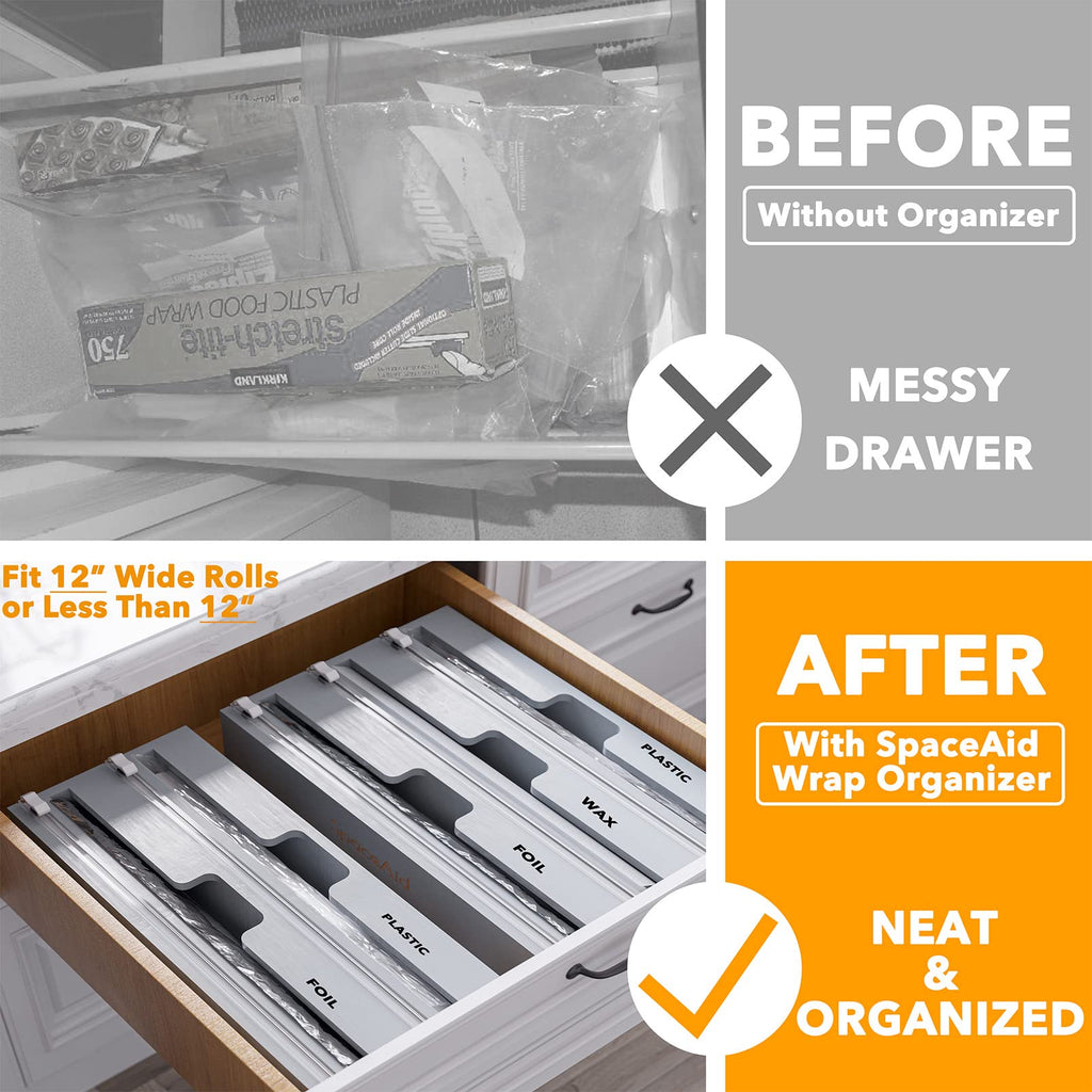 SpaceAid WrapNeat 3 in 1 Wrap Organizer with Cutter and Labels, Plastic Wrap, Aluminum Foil and Wax Bamboo Dispenser for Kitchen Storage Organization Holder for 12" Roll (Natural)
