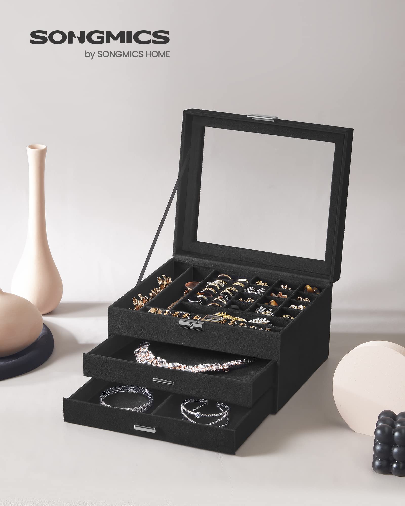 SONGMICS 3-Tier Jewelry Box, Travel Jewelry Case with Handle, 2 Drawers, Lockable Jewelry Organizer with Mirror, Jewelry Storage, Modern Style, Gift for Loved Ones, White UJBC154W01
