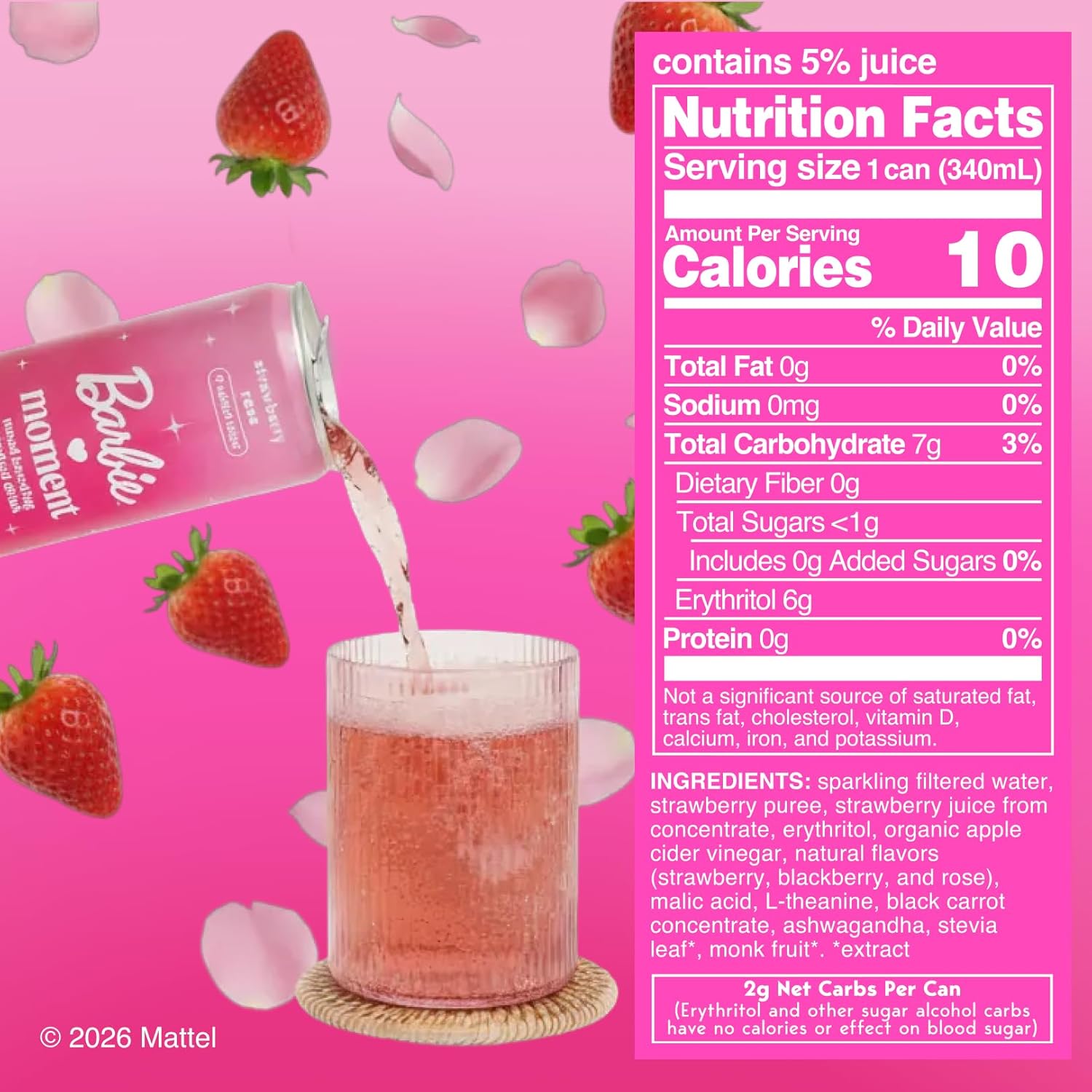 Moment x Barbie Botanical Soda Soft Drink - Sparkling Drinks | Strawberry Rose | L-Theanine & Ashwagandha for Calm & Clarity | 0 Added Sugar 0 Caffeine | 12-pack
