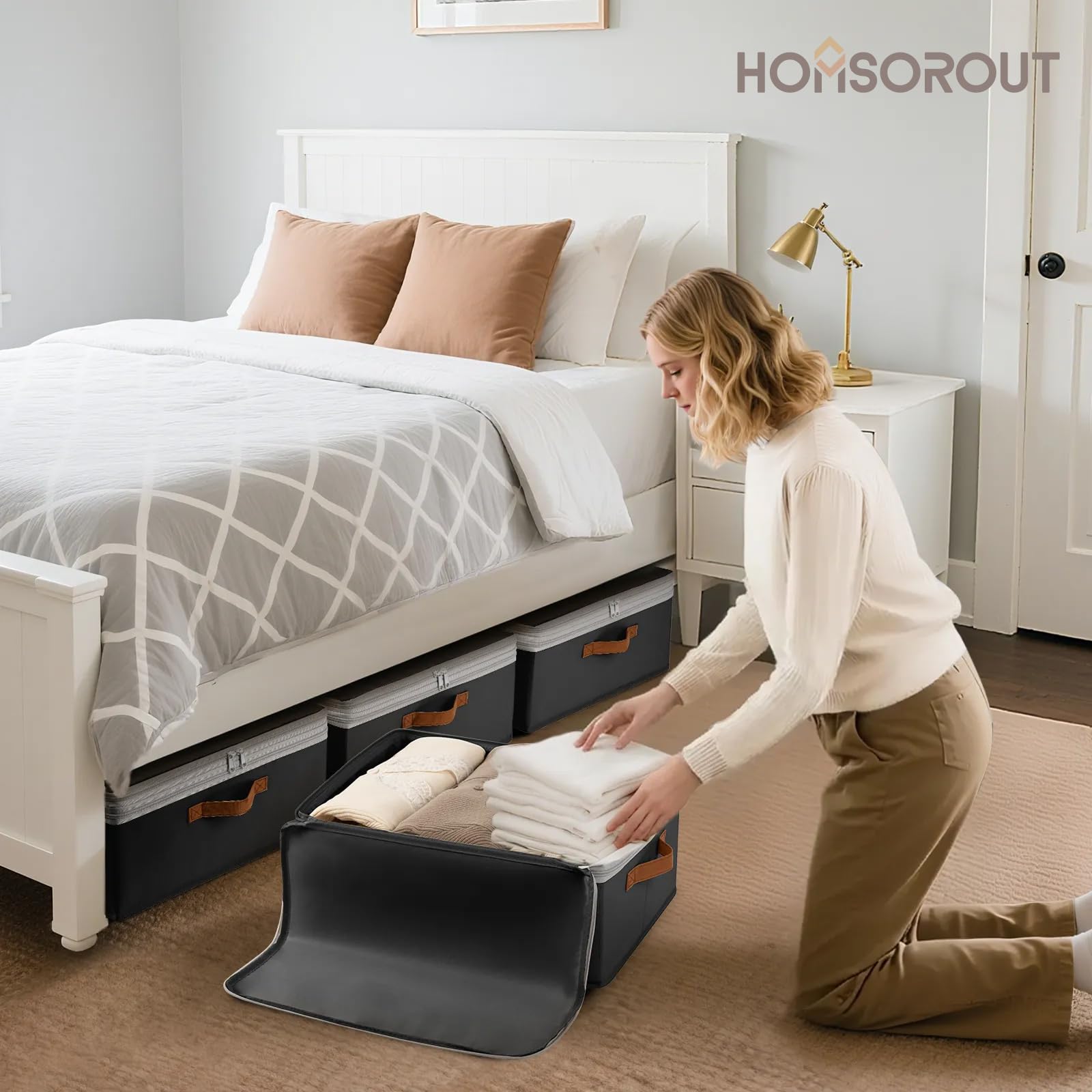 Homsorout Large Closet Storage Bins - Compression Organizer Bins, Stackable Closet Organizer, Expandable Under Bed Storage Containers for Clothes, Towels, Sheet, 2 Pack, Beige
