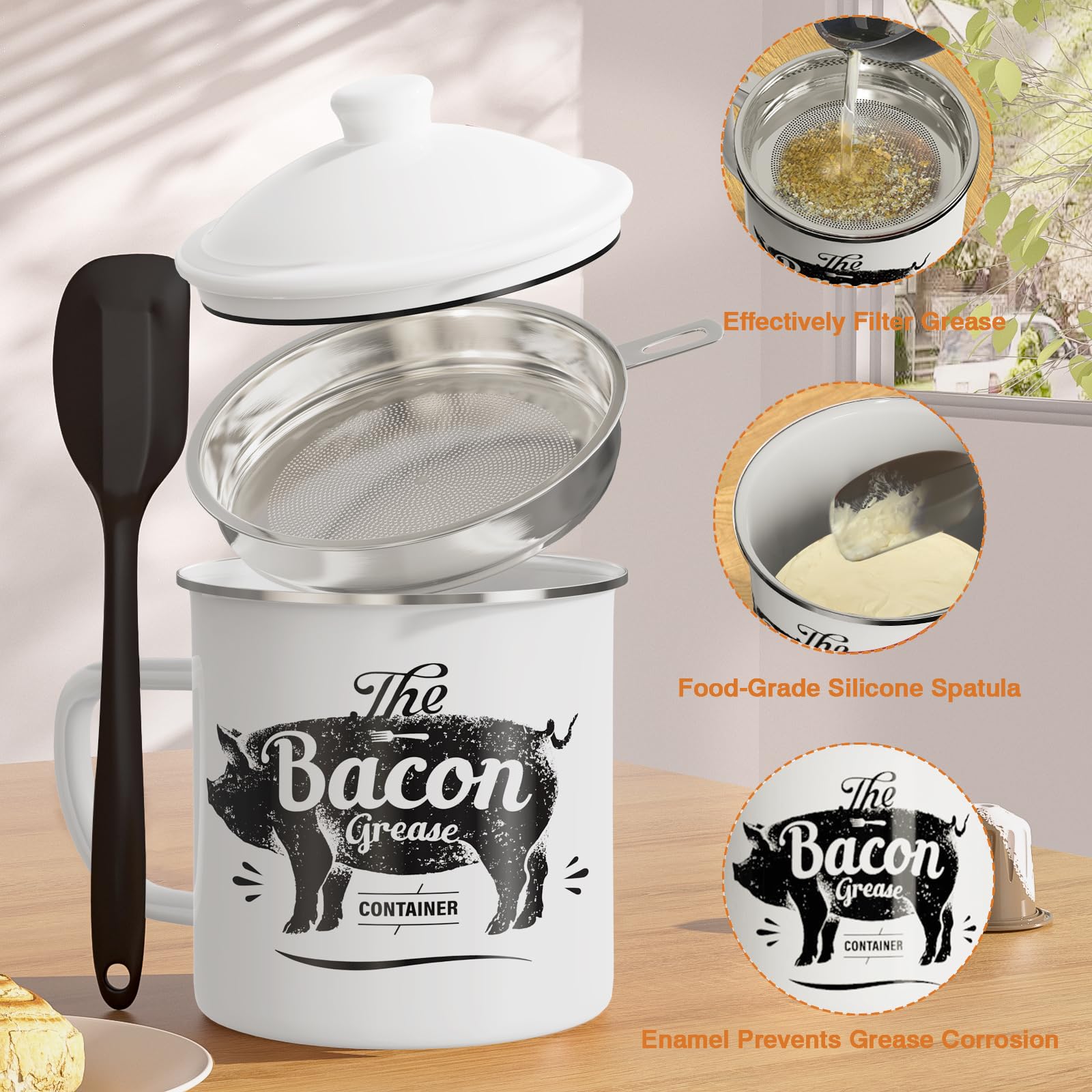PGYARD Mini Bacon Grease Container With Strainer - 15OZ Enamel Grease Saver, Farmhouse Bacon Grease Keeper For Kitchen Fat Storage, Dishwasher Safe-Red