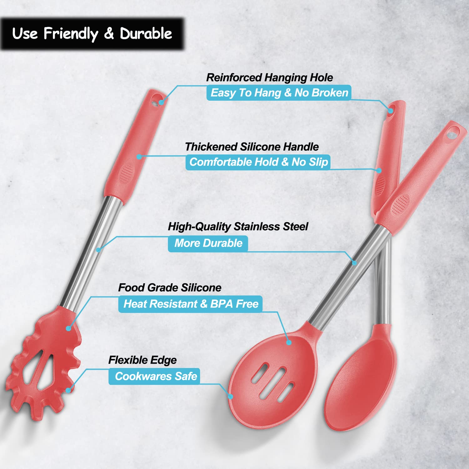 Silicone Spatula and Cooking Spoon,5 Pack Non-Stick Cooking Utensils for Kitchen，Heat Resistant Solid & Slotted Spoons and Spatulas, Stainless Steel Handle Coated with Silicone,Black