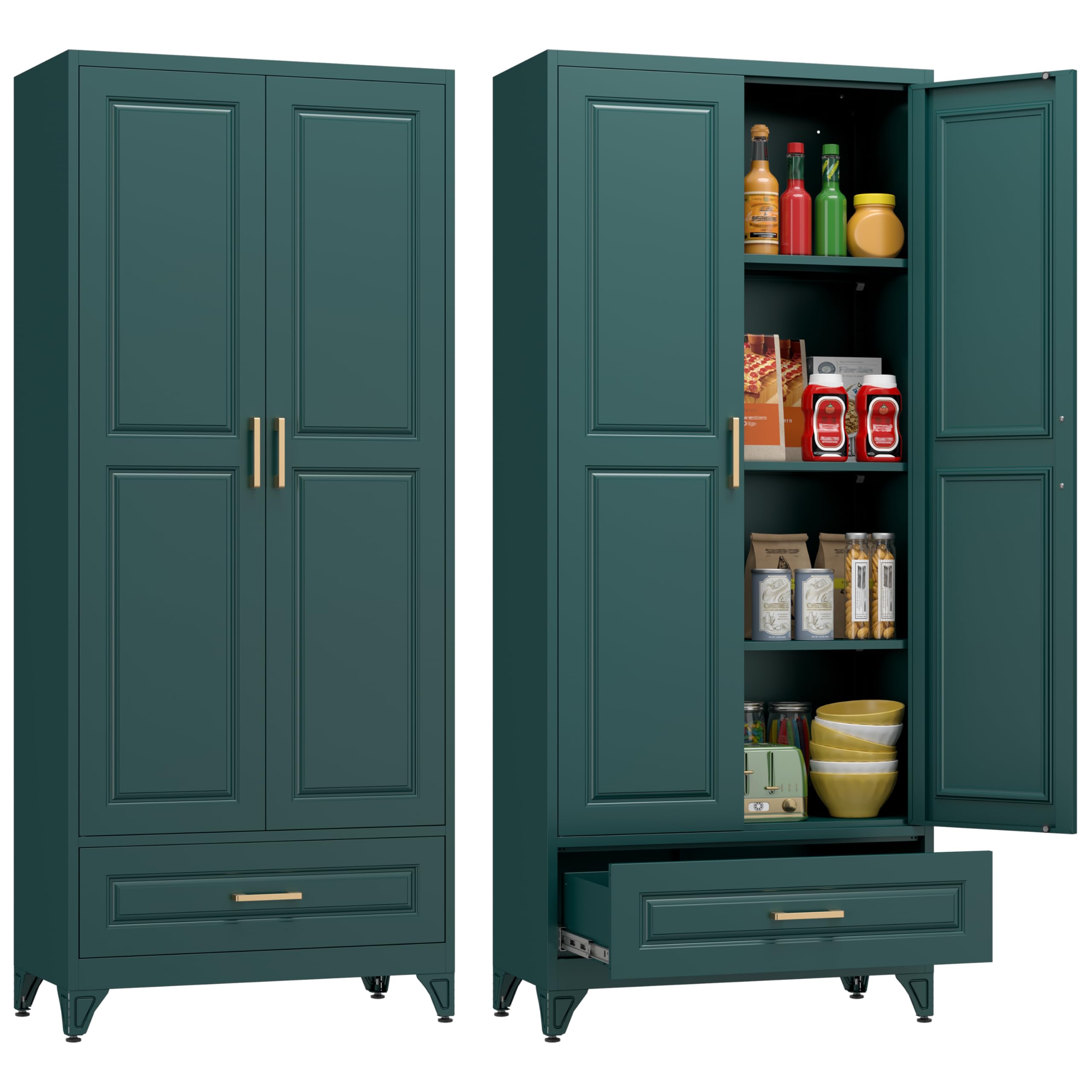 Polup White Kitchen Pantry Cabinet, 71 Inch Tall Metal Storage Cabinet with Doors and Shelves, Pantry Cabinets for Kitchen Storage, Freestanding Cupboard for Living, Dining Room, Assemble Required