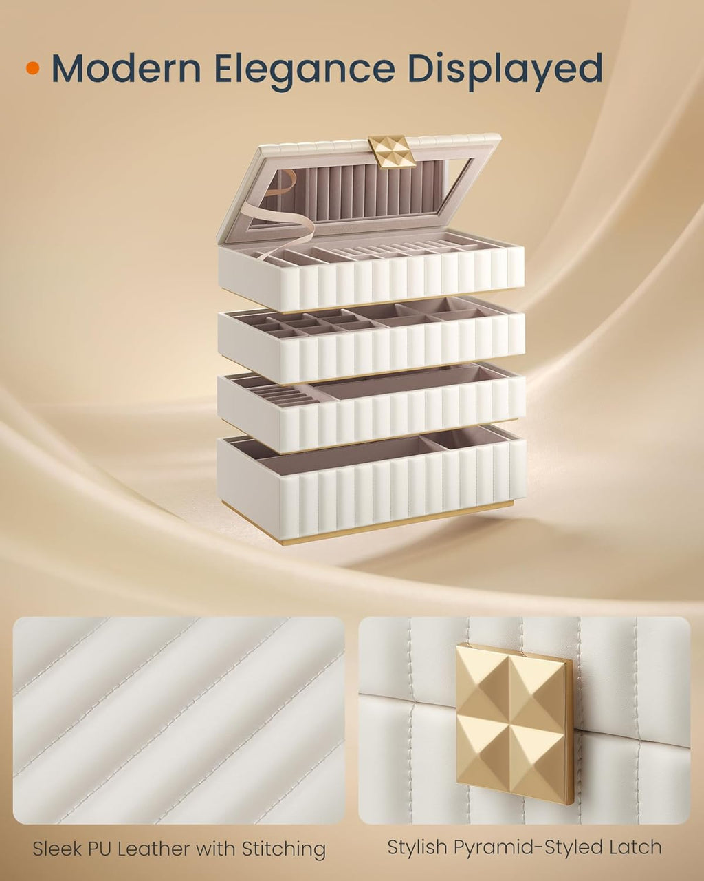 SONGMICS HOME Stackable Jewelry Box with Mirror, 4-Tier Jewelry Storage Organizer, PU Surface with Stitching, Floating Effect, 6.7 x 11 x 8 Inches, Cloud White, ANAH Collection UJBC181W01