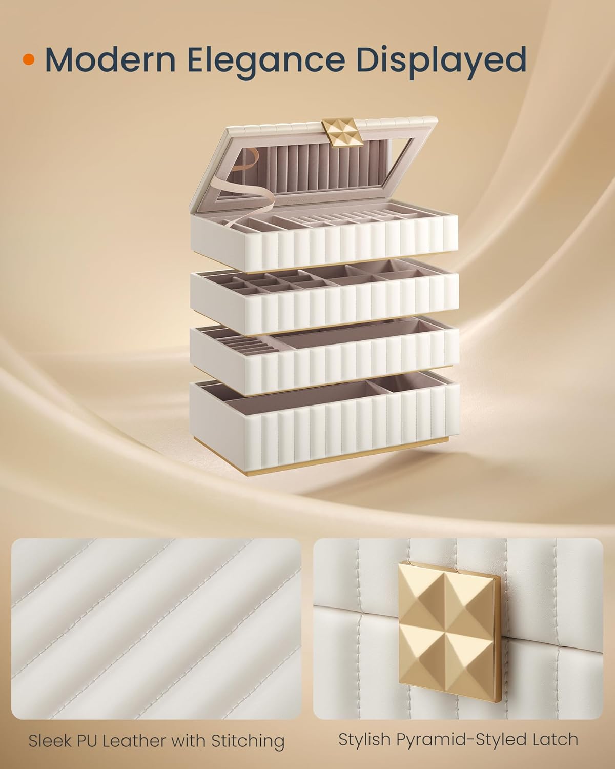 SONGMICS HOME Stackable Jewelry Box with Mirror, 4-Tier Jewelry Storage Organizer, PU Surface with Stitching, Floating Effect, 6.7 x 11 x 8 Inches, Cloud White, ANAH Collection UJBC181W01