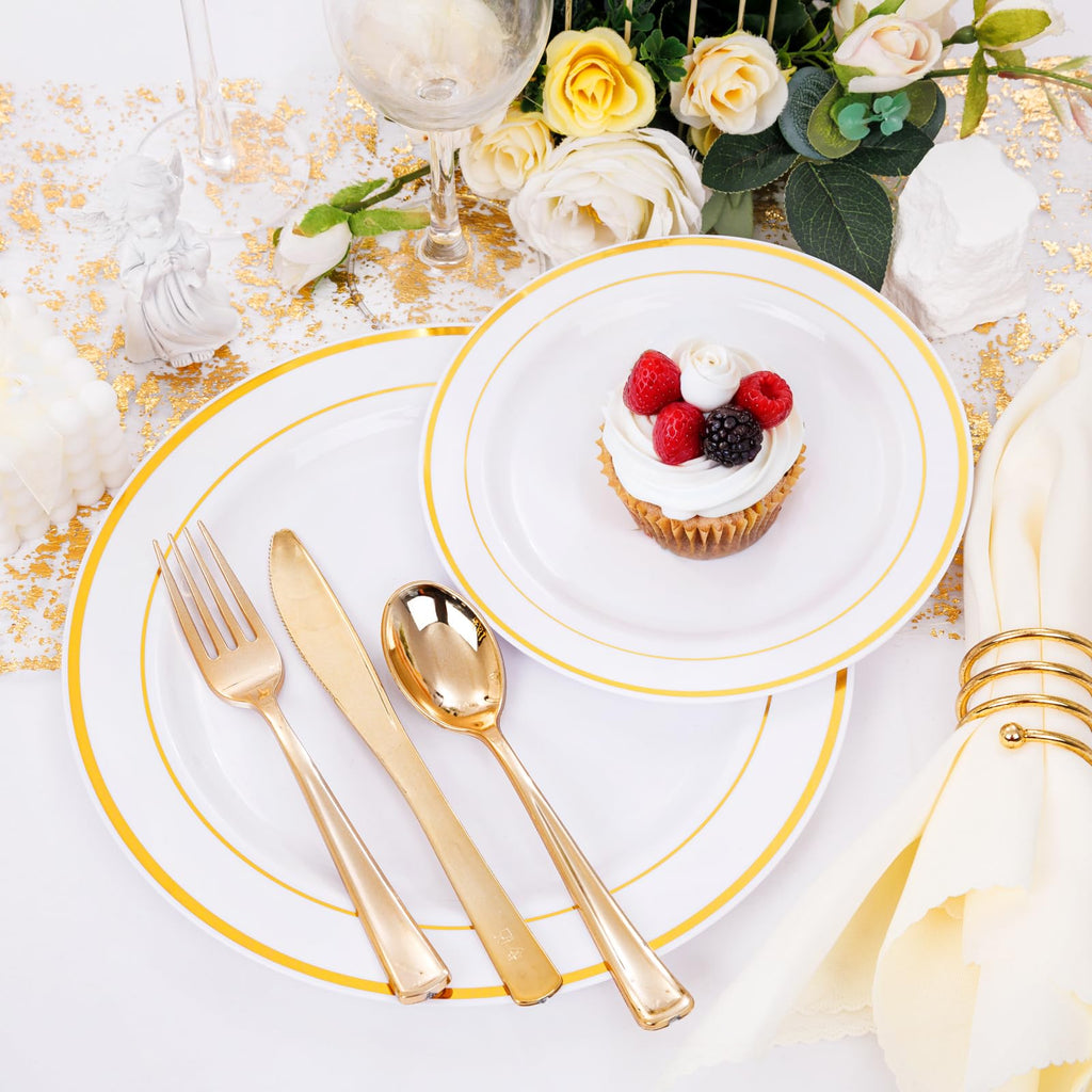 DaYammi 150pcs Gold Plastic Dinnerware Sets, Includes: 30 Gold Rim Dinner Plates, 30 Salad Plates, 30 Plastic Silverware Set, Perfect Fancy Disposable Plates for Party and Wedding