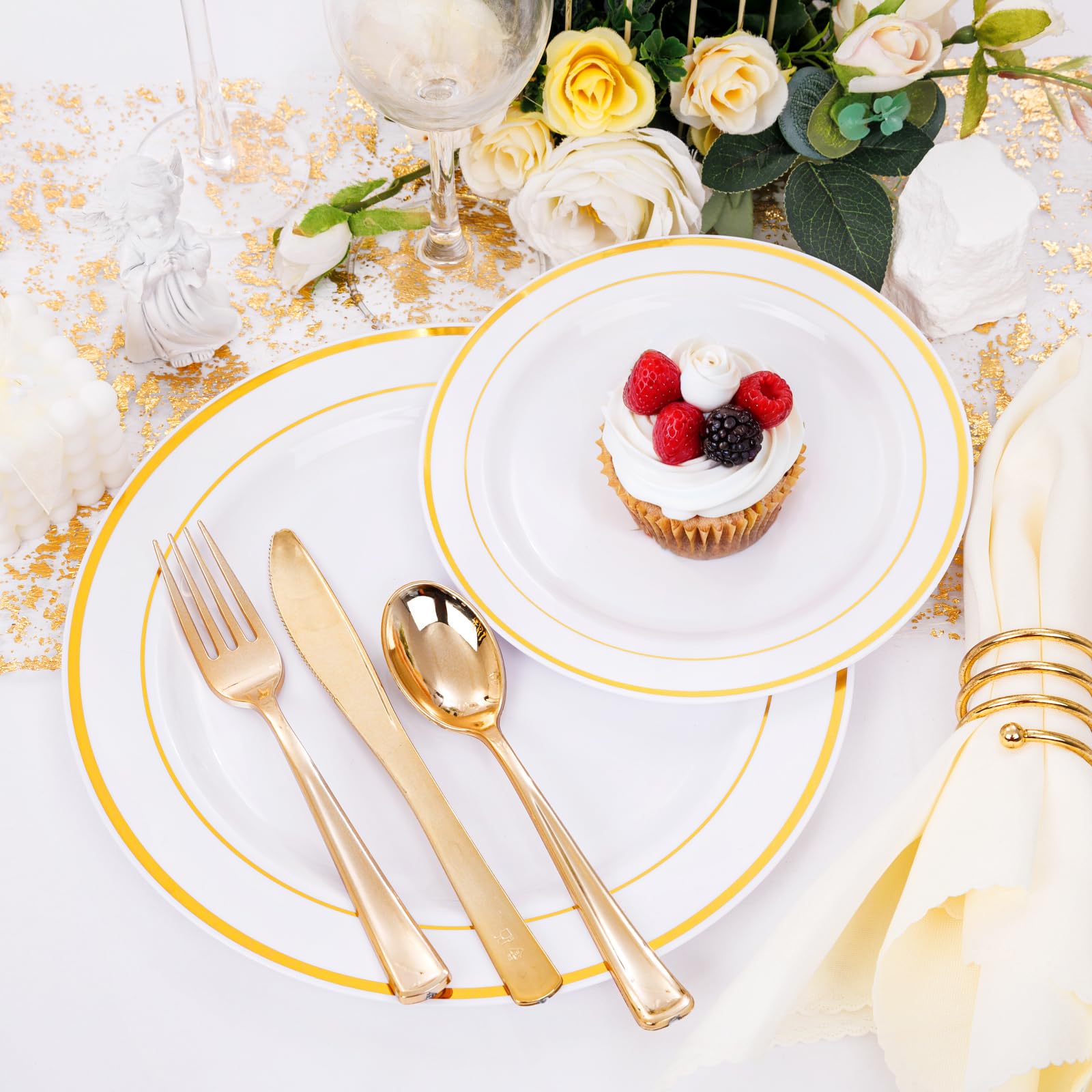 DaYammi 150pcs Gold Plastic Dinnerware Sets, Includes: 30 Gold Rim Dinner Plates, 30 Salad Plates, 30 Plastic Silverware Set, Perfect Fancy Disposable Plates for Party and Wedding