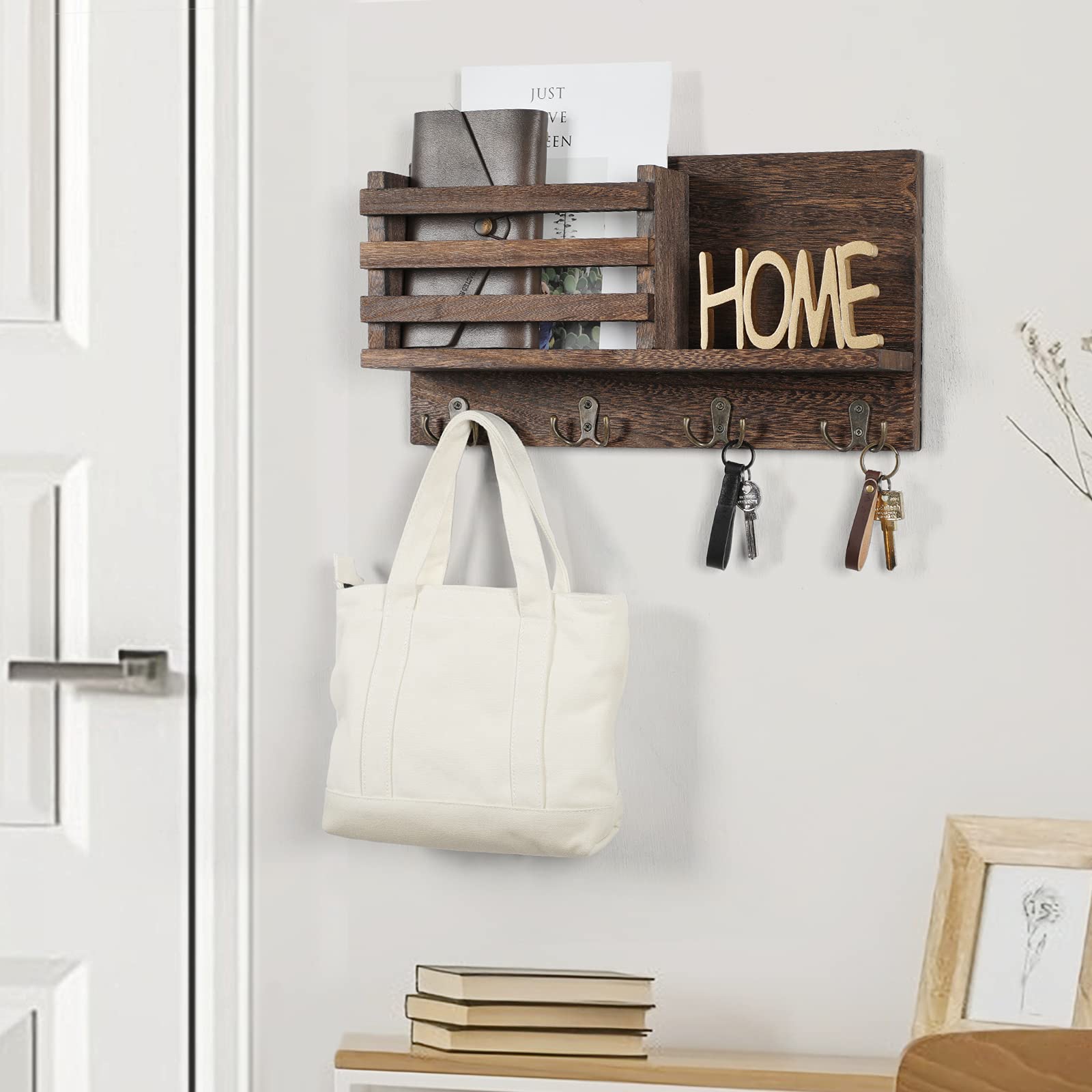 Key & Mail Holder for Wall - Rustic Natural Paulownia Wood, 4 Double-Hook Hangers - Wall Mounted Organizer for Decor, Bags, Accessories - Hardware & Manual Included (Brown)