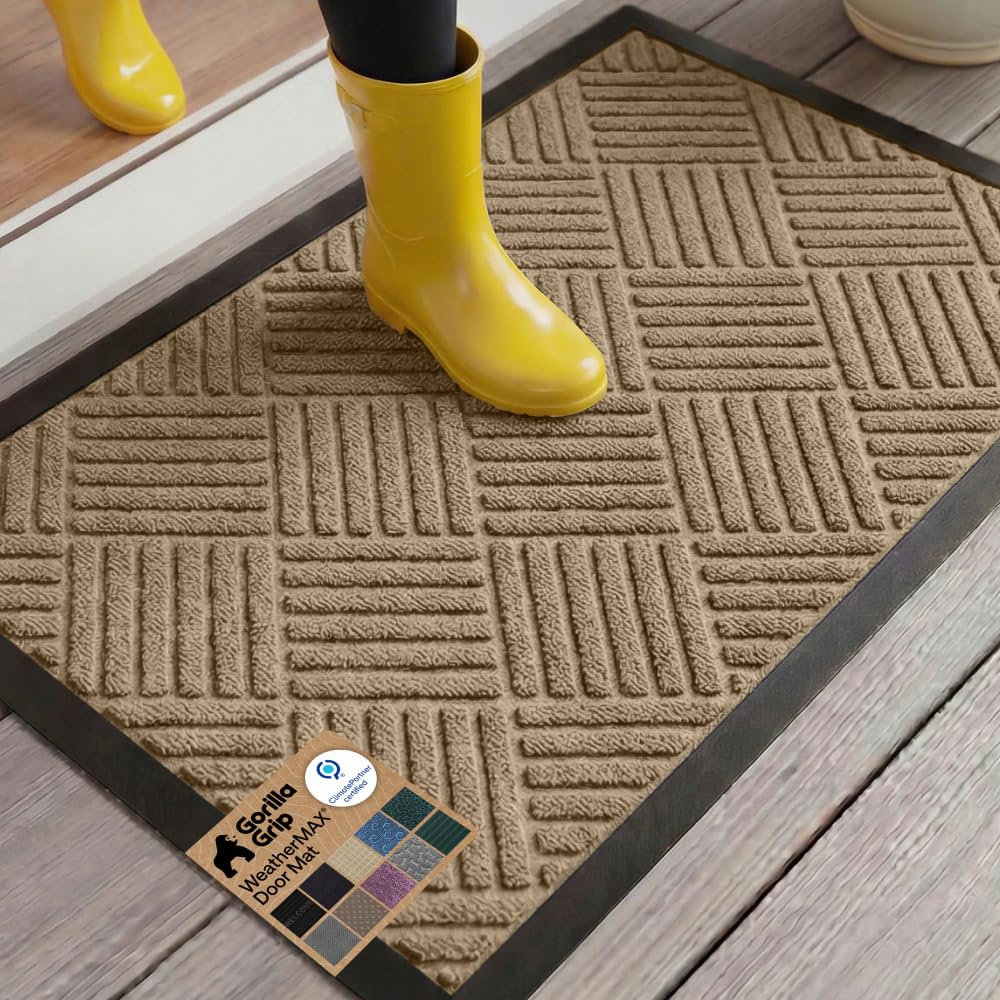 GORILLA GRIP 100% Waterproof All-Season WeatherMAX Doormat US Designed Natural Rubber, Stain Fade Resistant, Low Profile Indoor Outdoor Front Door Mats Outside Entrance, Easy Clean 29x17 Gray Diamond