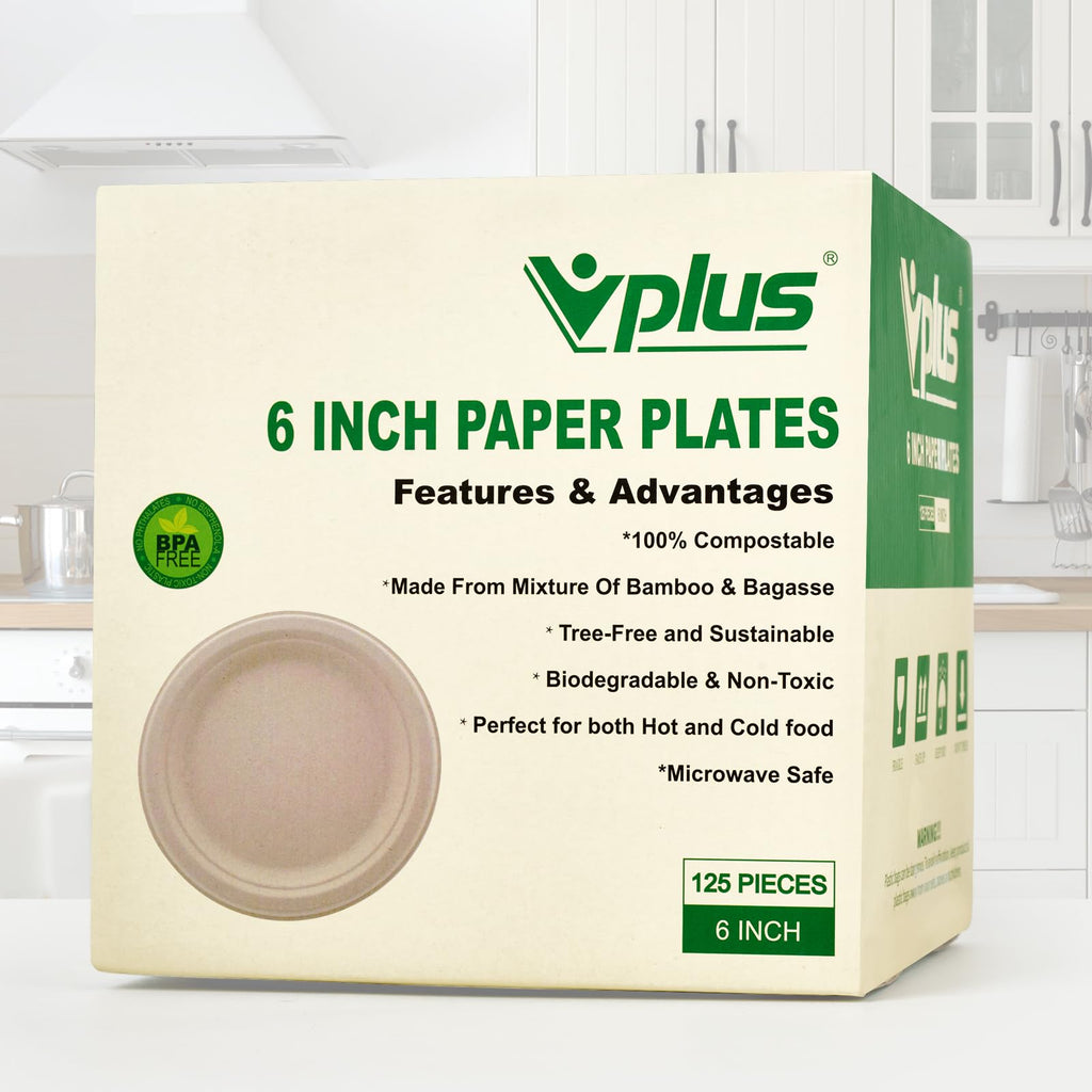 Vplus 150 Pack Paper Plates 9 inch 100% Compostable, Heavy-Duty Disposable Paper Plates Bagasse Natural Biodegradable Eco-Friendly Sugarcane