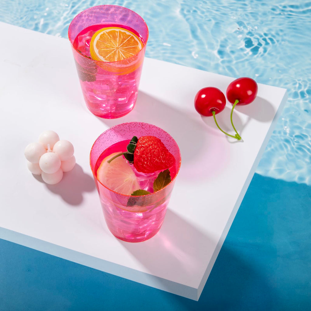 DaYammi 100 Pack 10oz Pink Plastic Cups for Party Premium Glitter Disposable Plastic Cup for Martini and Cocktail, Hard Pink Disposable Cups for Wedding,pink cups for Mother's Day Party