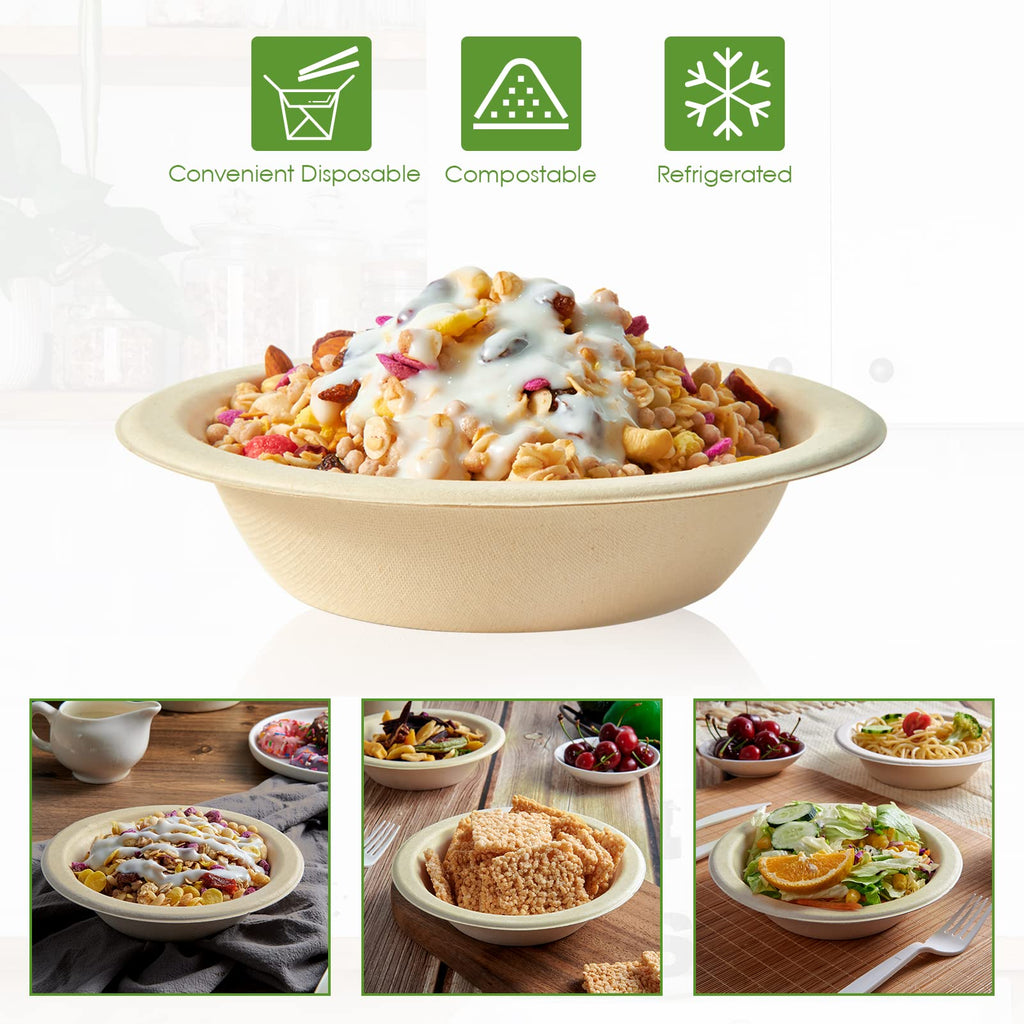 Vplus 200 Pack 12 OZ Paper Bowls, Disposable Compostable Bulk, Eco-friendly Bagasse, Heavy-duty Bowls Perfect for Milk Cereals, Snacks, Salads