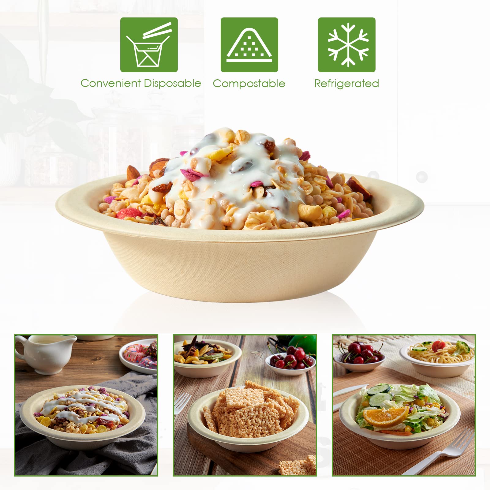 Vplus 200 Pack 12 OZ Paper Bowls, Disposable Compostable Bulk, Eco-friendly Bagasse, Heavy-duty Bowls Perfect for Milk Cereals, Snacks, Salads