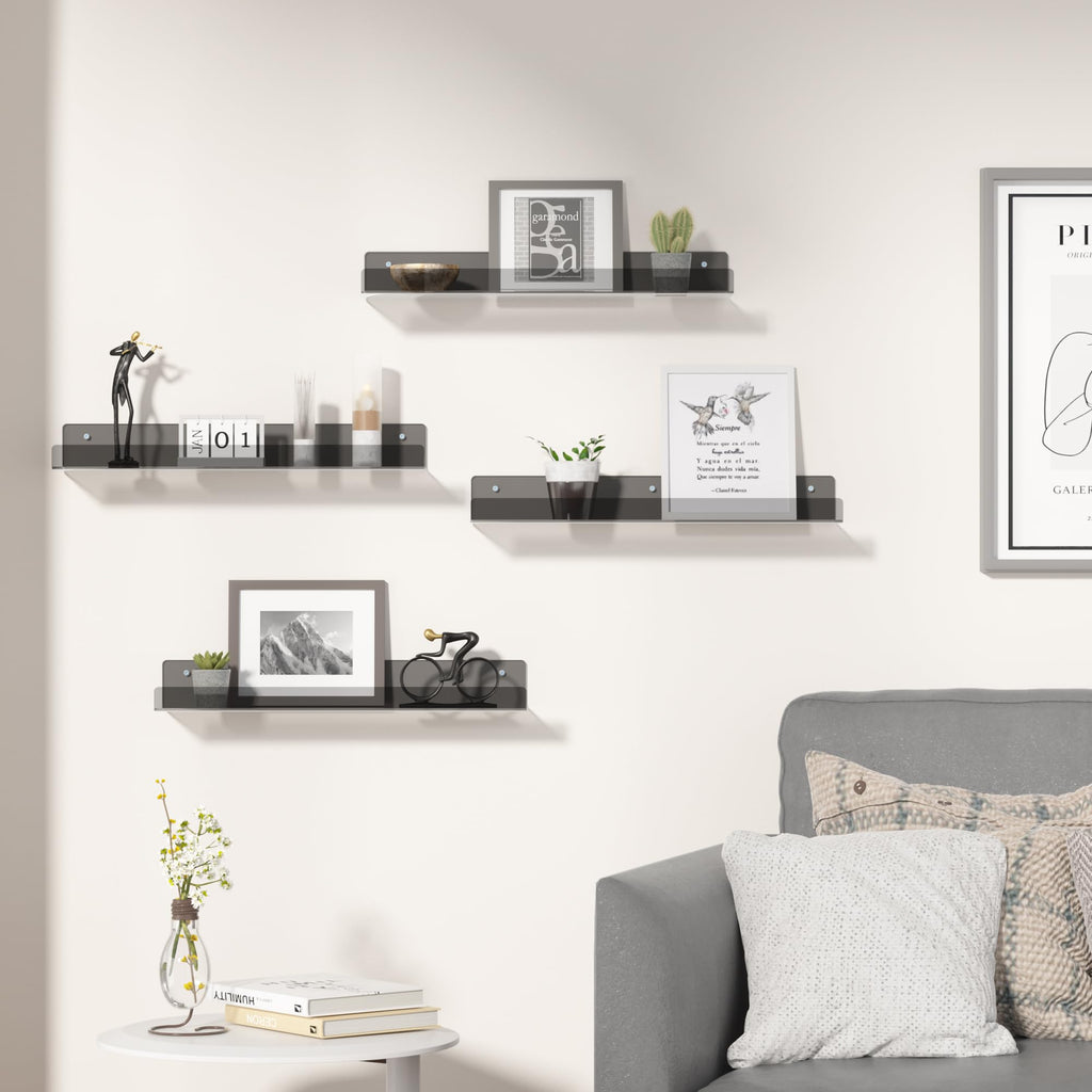 upsimples Acrylic Shelves for Bathroom Storage, 15" Floating Shelves Wall Organizer for Perfume, Make up, Skincare, Kids Bookshelf for Bedroom, Nursery, Living Room Decor, Clear, 4 Pack