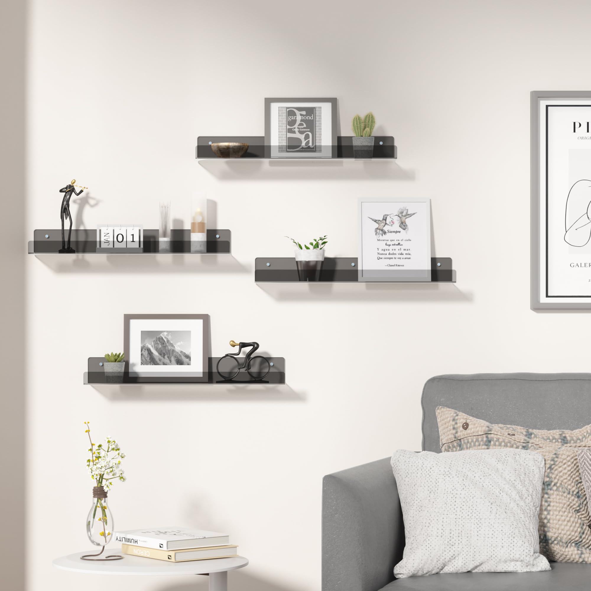 upsimples Acrylic Shelves for Bathroom Storage, 15" Floating Shelves Wall Organizer for Perfume, Make up, Skincare, Kids Bookshelf for Bedroom, Nursery, Living Room Decor, Clear, 4 Pack