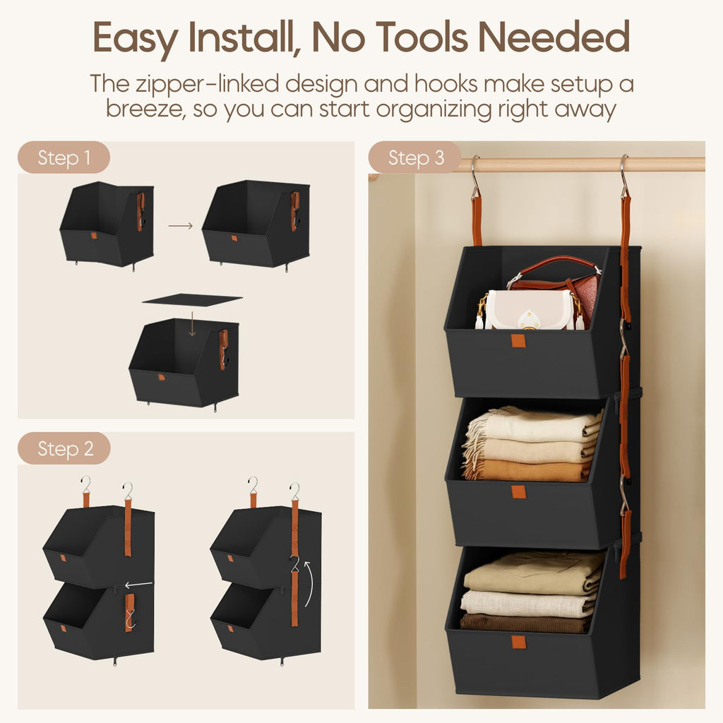 Homsorout Hanging Closet Organizer 4 Tier - Clothes Hanging Shelves, Space-Saving Closet System, Fabric Storage Bins Bedroom Organization, Collapsible Baskets for Home, Dorm, Rv, Beige