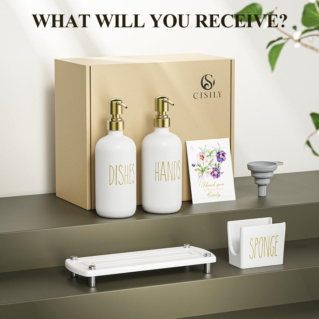 Cisily Kitchen Soap Dispenser Set Comes with Ceramics Sponge Holder, Gold Pumps, and Instant Dry Tray, Hand and Dish Soap Dispenser Set (4, Gold + White + Sponge Holder)