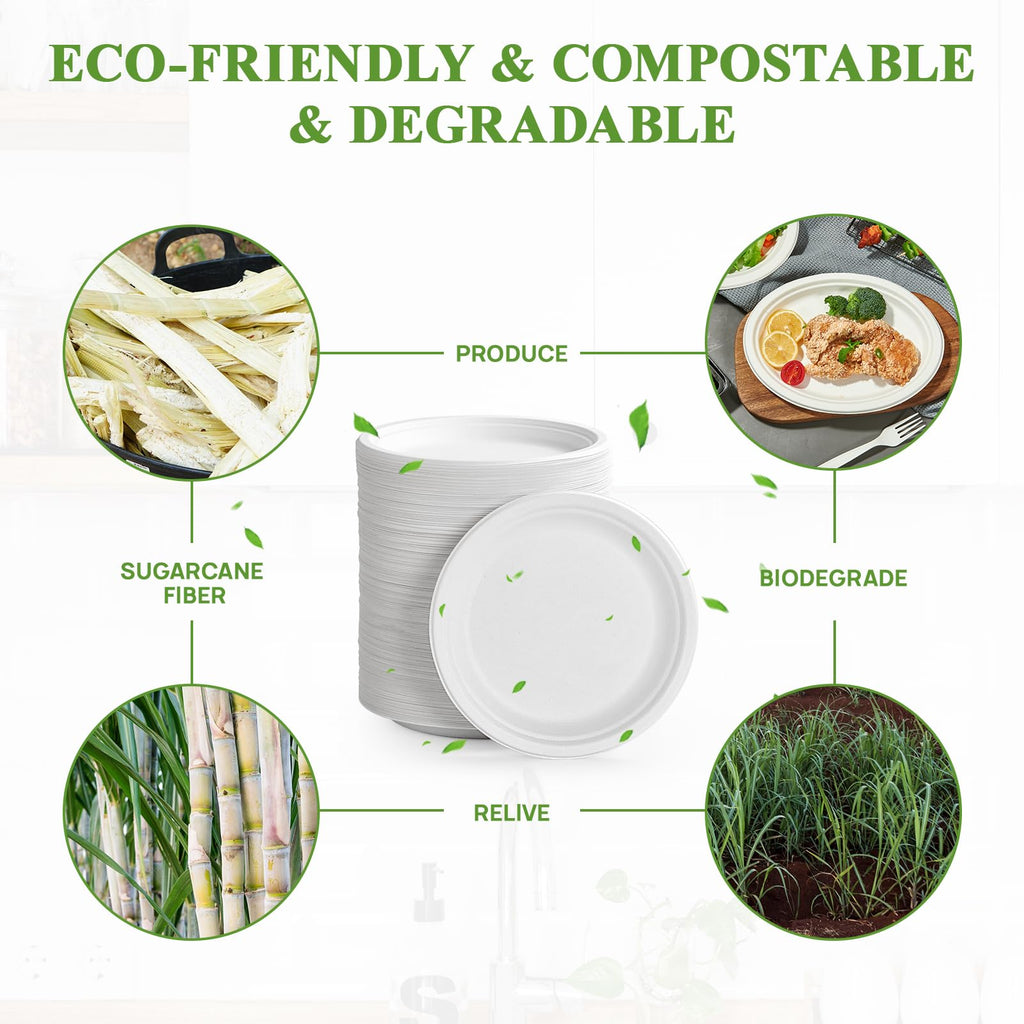 Vplus 150 Pack Compostable Disposable Paper Plates 10.25 inch Super Strong Paper Plates 100% Bagasse Natural Biodegradable Eco-Friendly Sugarcane(white)