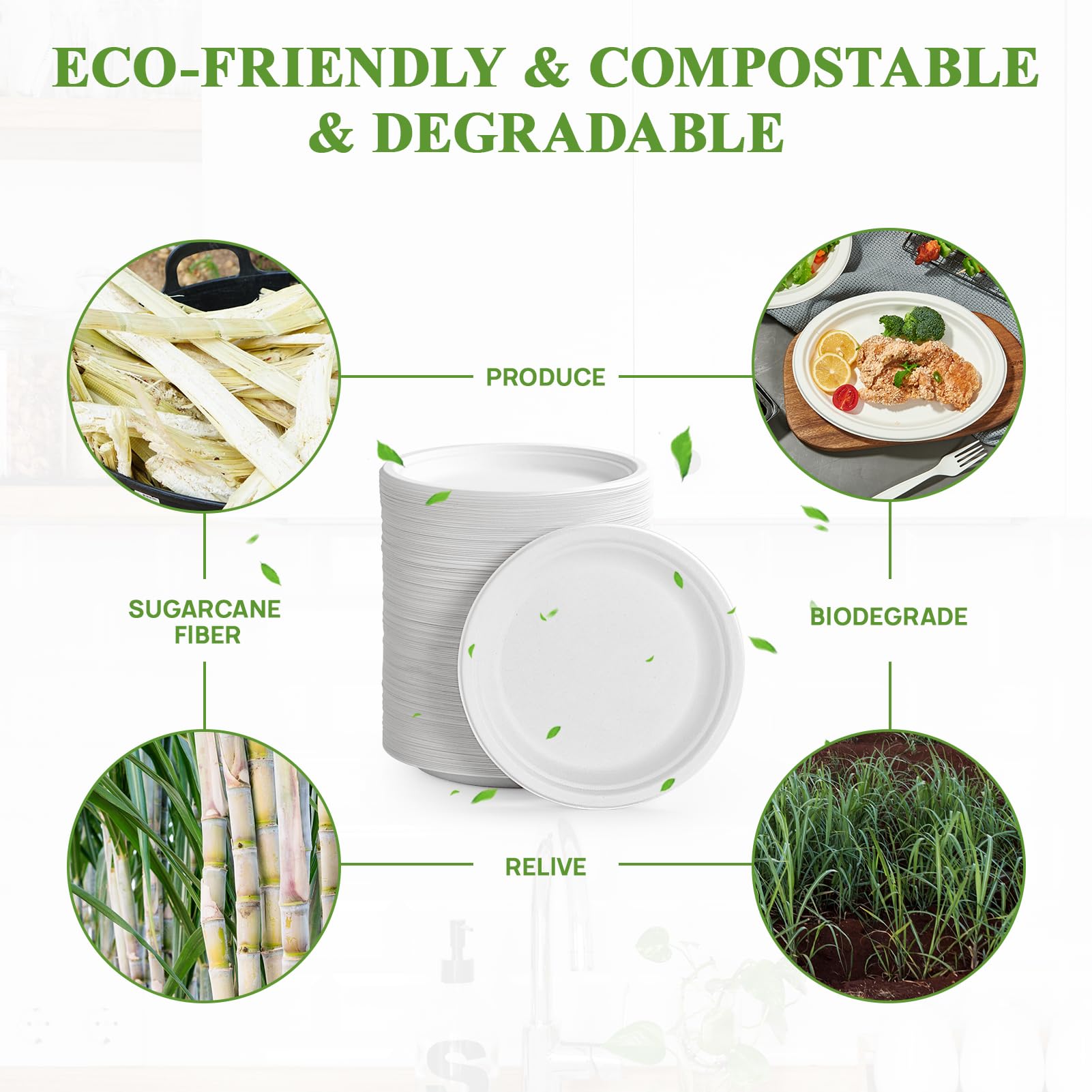 Vplus 150 Pack Compostable Disposable Paper Plates 10.25 inch Super Strong Paper Plates 100% Bagasse Natural Biodegradable Eco-Friendly Sugarcane(white)