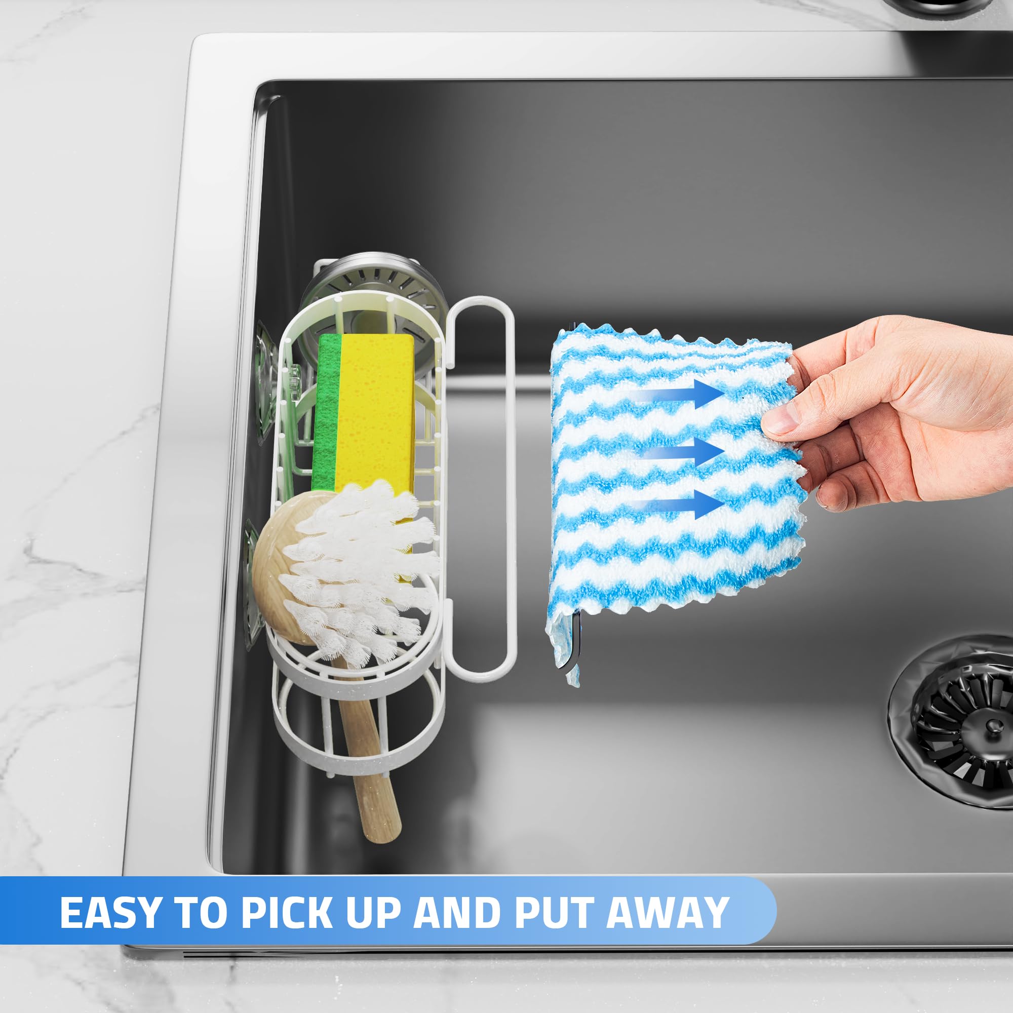 Cisily Organizador de Fregadero de Cocina con Soporte para Esponja en el Fregadero, Organizador de Fregadero de Cocina de Acero Inoxidable, Soporte para Cepillo, Percha para Paños de Platos, Soporte