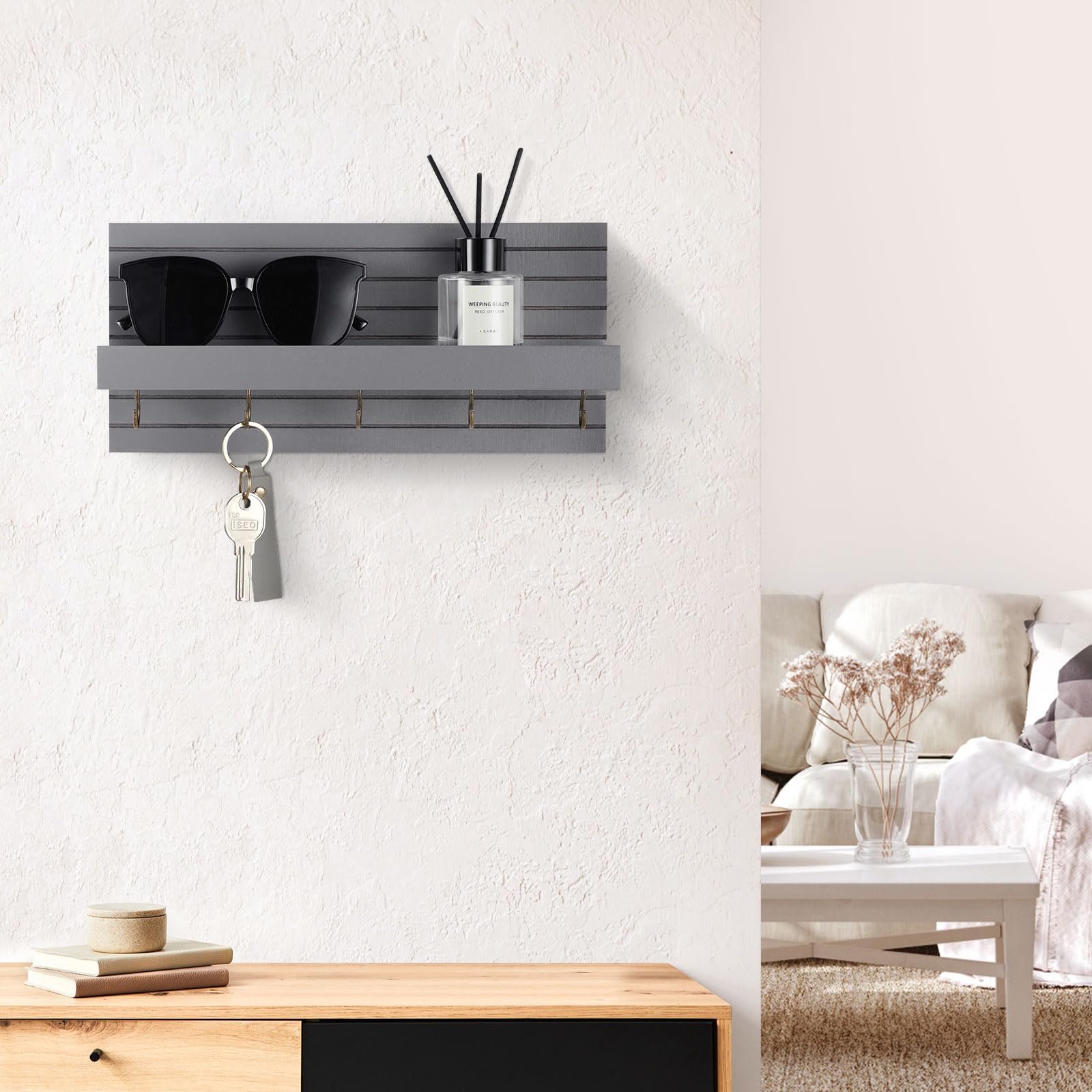 Decorative Key Holder for Wall with Shelf, Entryway Shelf with Hooks Holds Leashes, Jackets and Glasses – Sturdy Wood Keyholder Entrance Hanger with Mounting Hardware (Black, Medium)