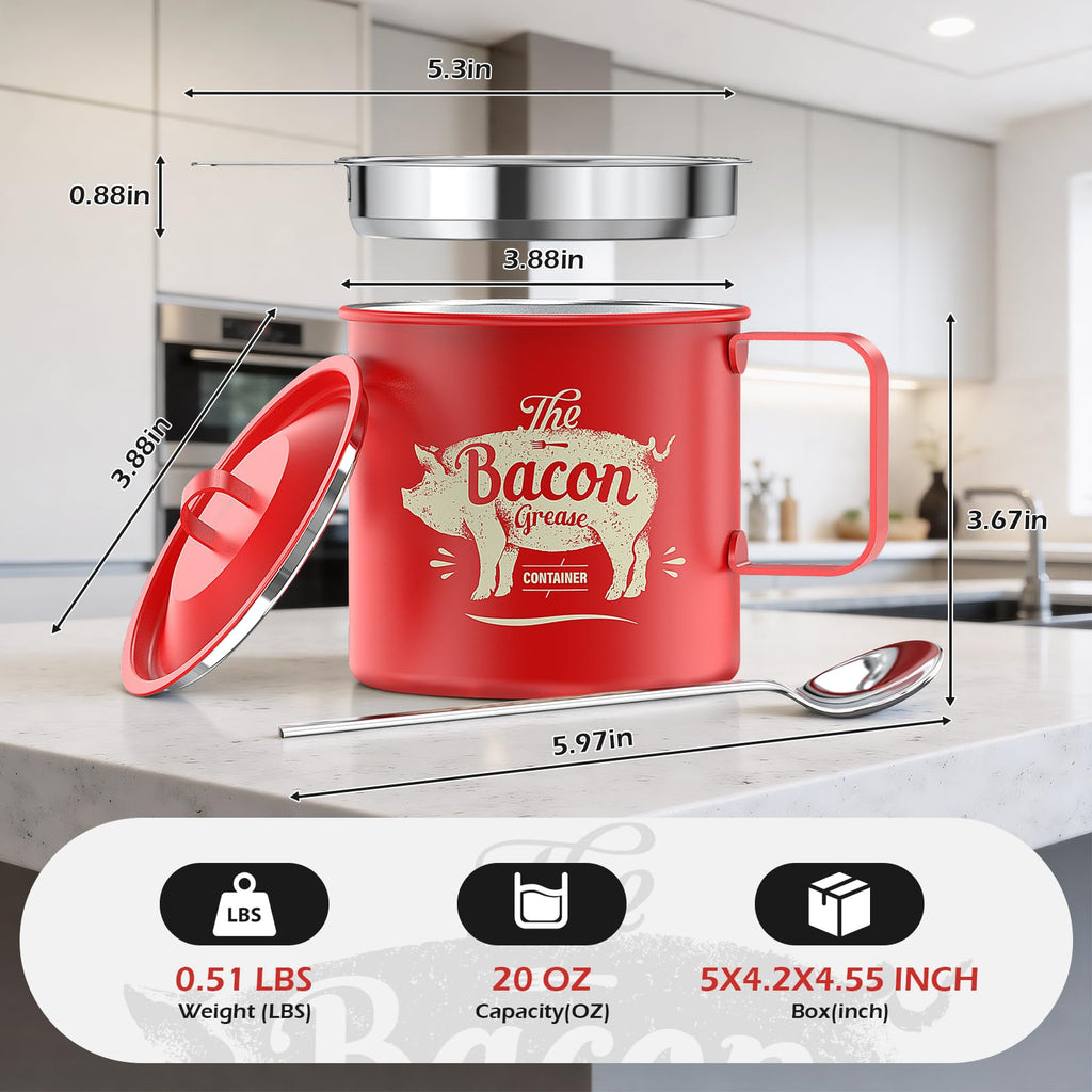 PGYARD Mini Bacon Grease Saver With Strainer - 20 OZ Stainless Steel Oil Container, Farmhouse Bacon Grease Keeper For Kitchen Fat Storage, Dishwasher Safe-Silver