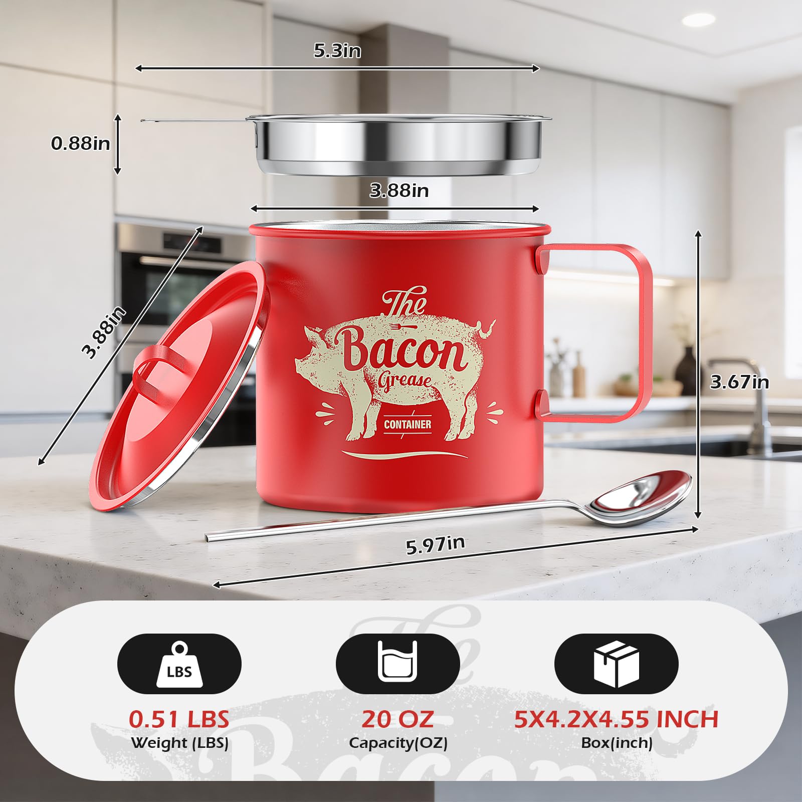 PGYARD Mini Bacon Grease Saver With Strainer - 20 OZ Stainless Steel Oil Container, Farmhouse Bacon Grease Keeper For Kitchen Fat Storage, Dishwasher Safe-Silver